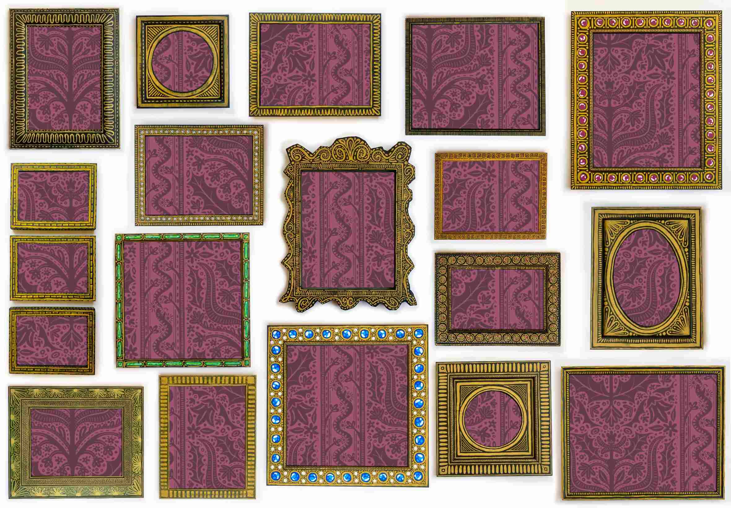 19 hand painted frames of various sizes displaying purple wallpaper.
