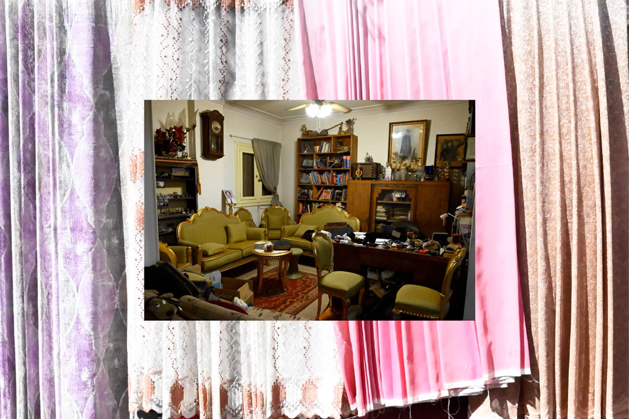 Digital collage depicting pink curtains and a living room setting