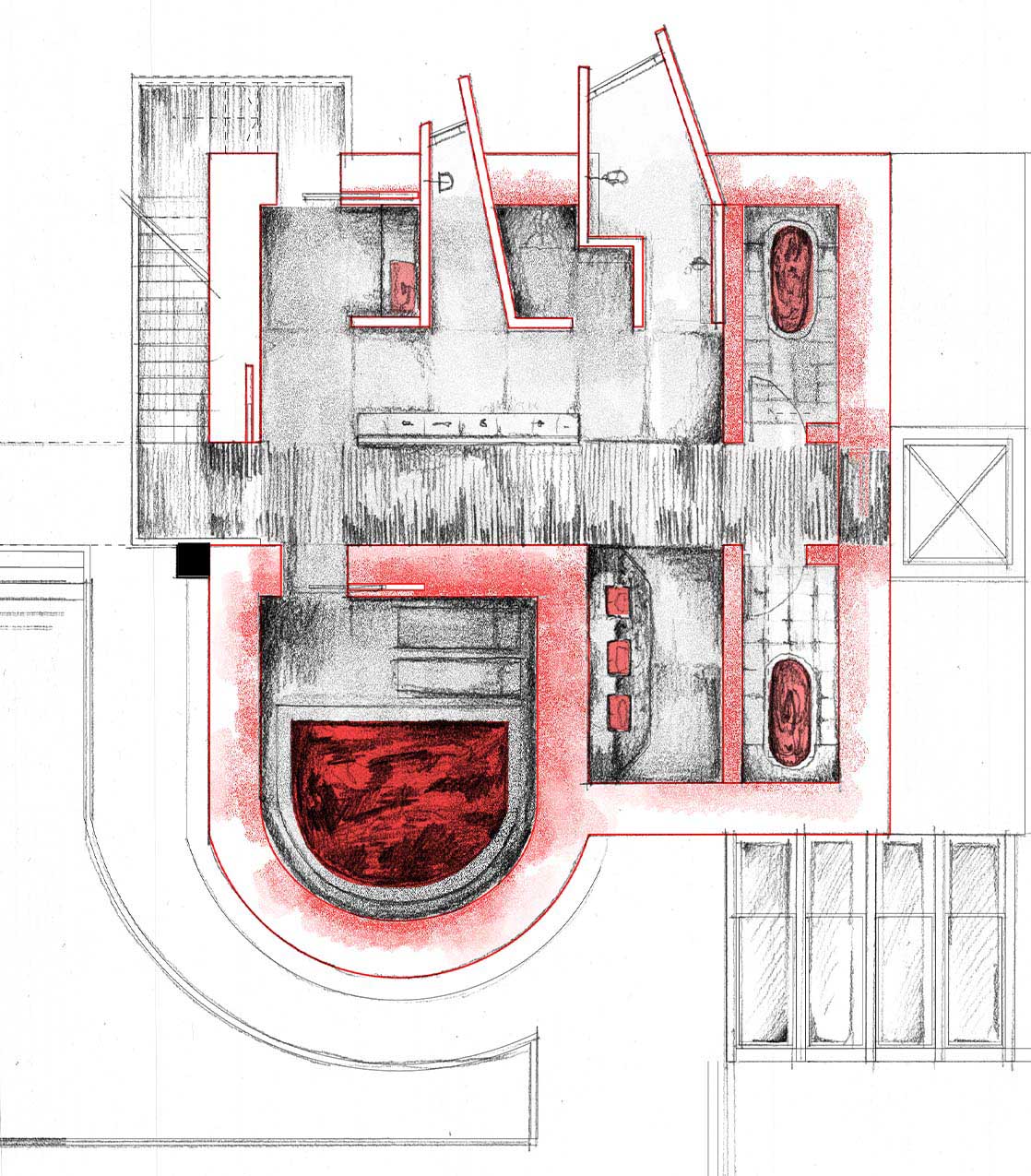 plan drawing of a square shaped bathroom with multiple different show cubicles, angled to create diverse spaces, a stair case wraps around the outside to provide circulation to ancillary spaces and a circular hot caladium sits south west of the plan.