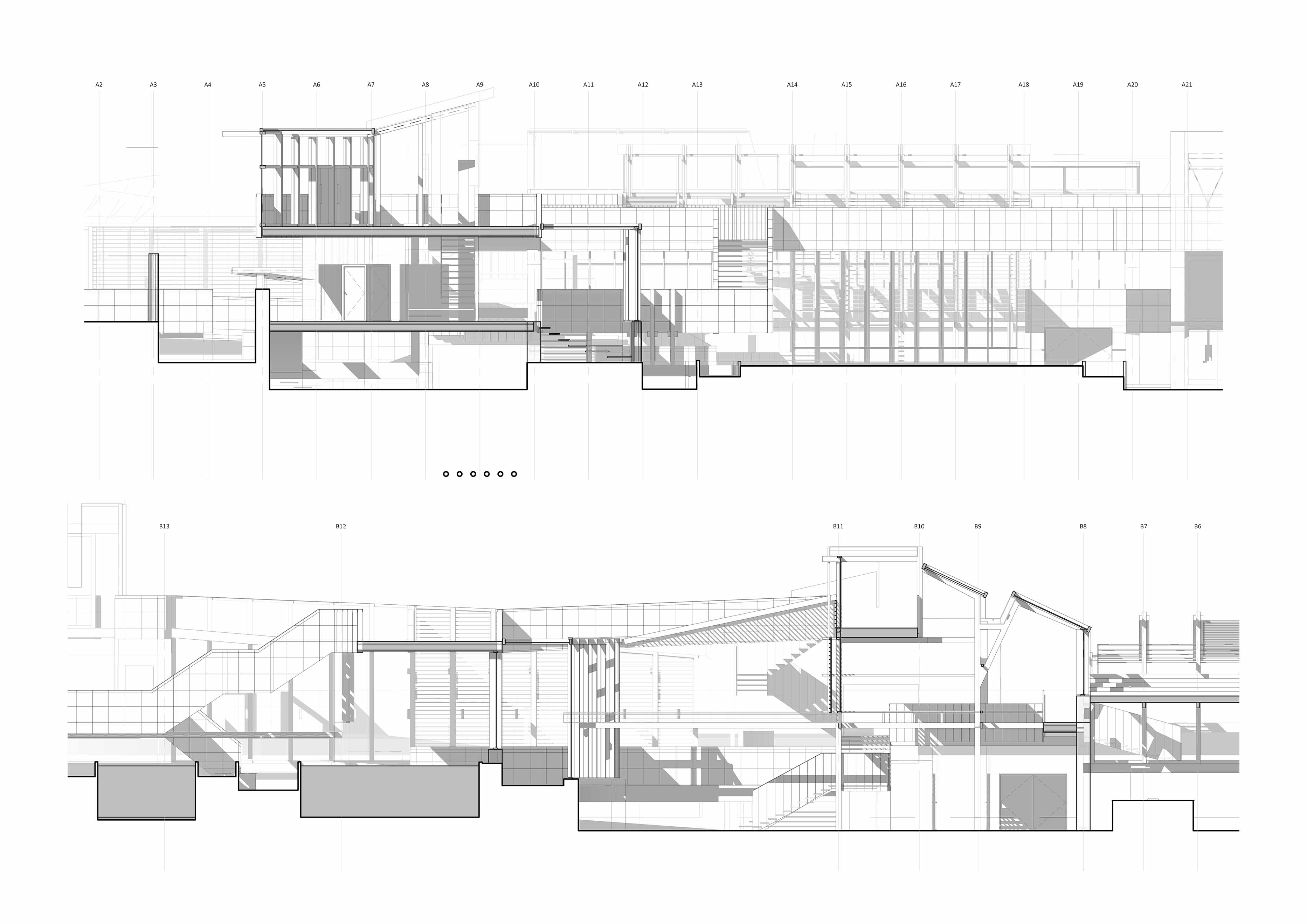 Biomembrane and Algae Processing, Restaurant and Cafe - Building Sections