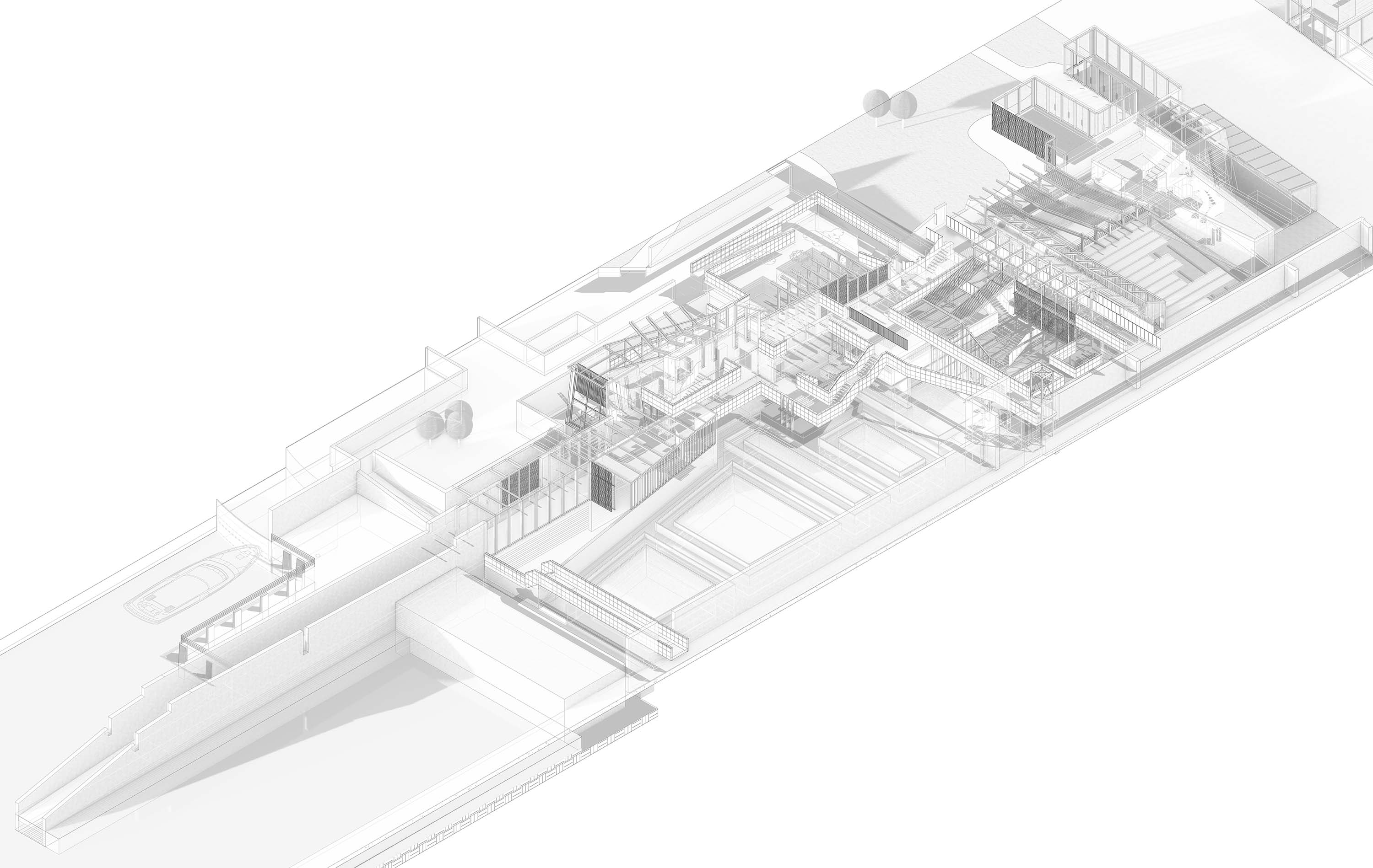 Shared Conditioned Chasm of Transect 04 (Brine Discharge Management) + 05 (Civic Spaces) - Bio-Membrane Workshop, Cafe and Restaurant, Algae Ponds, Salt Swale (Salt Used in Cafe and Restaurant), Microbrewery and Tasting Areas, Viewing Galleries