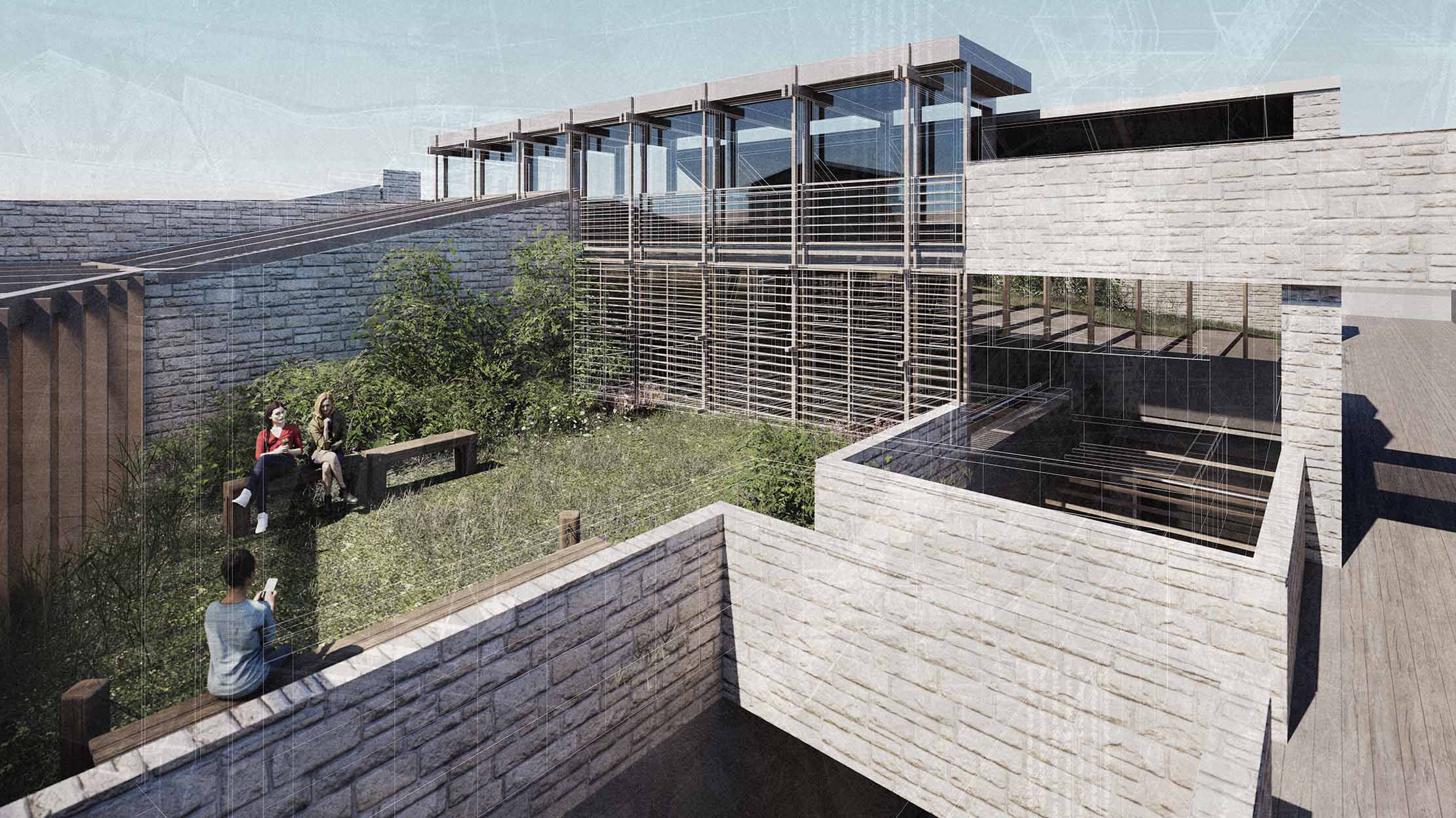 Sunken Public Garden Overlooking Bio-Membrane Workshop and Fine Louvres Using Wood from Arboretum at Vallone San Rocco