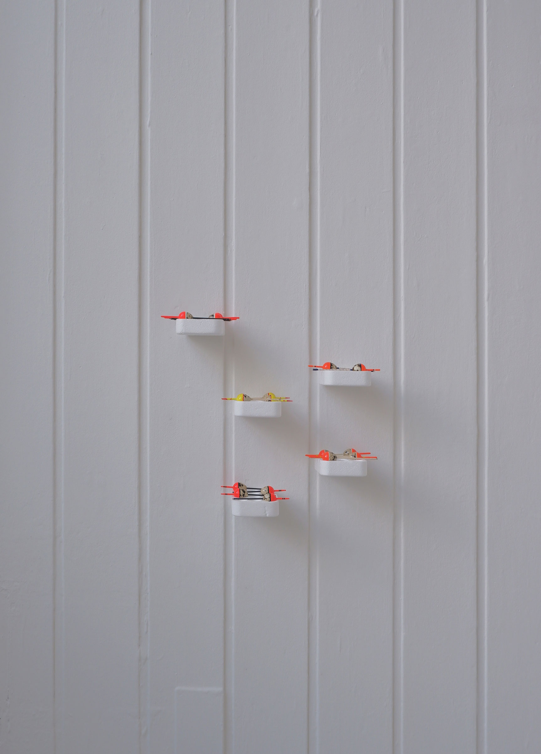 Five pieces of white polystyrene trays perpendicular on a white wall, each holding four quail egg fishing bobbers
