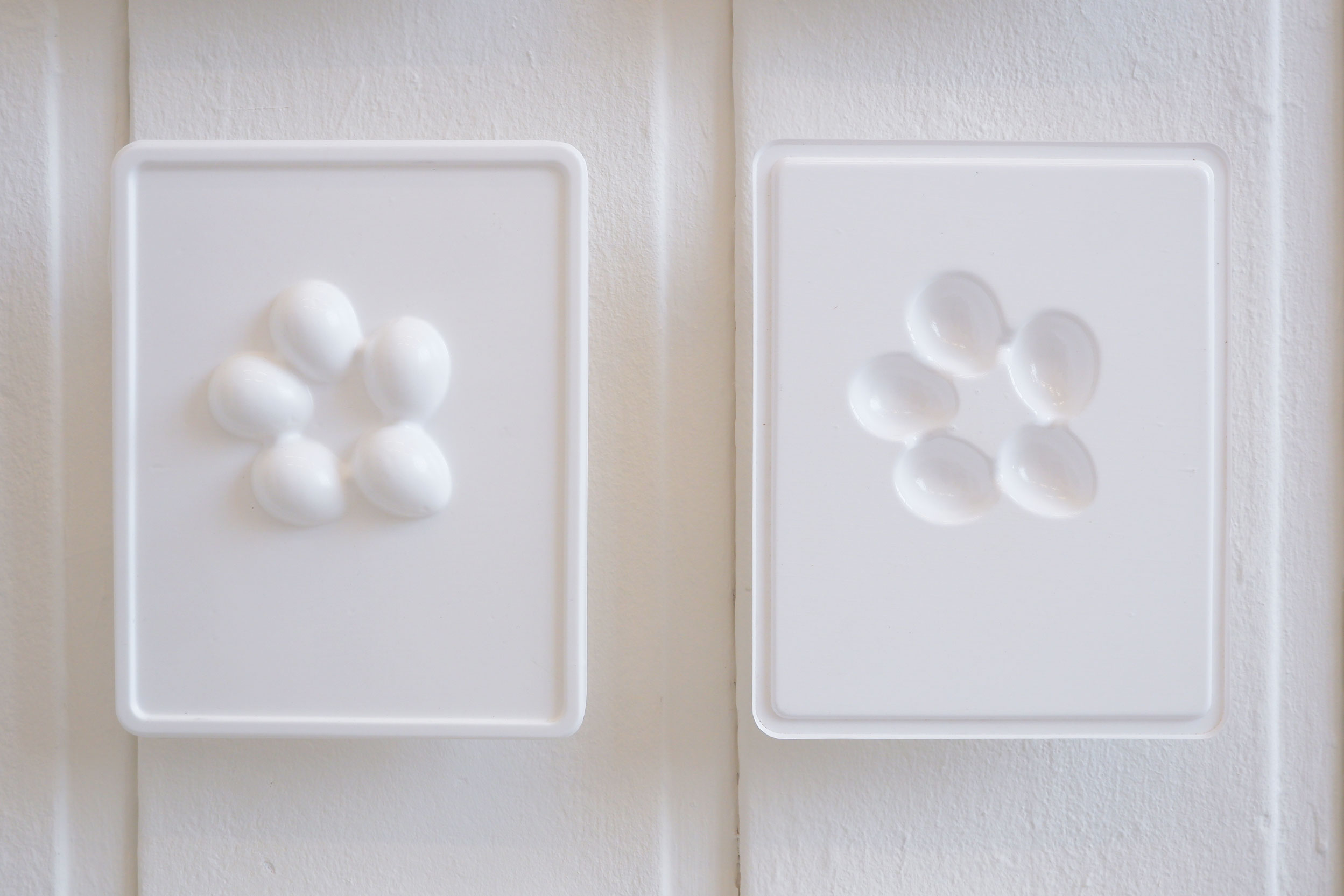 A set of white plastic squares with indent and outdent of a clutch of eggs, on a white wall
