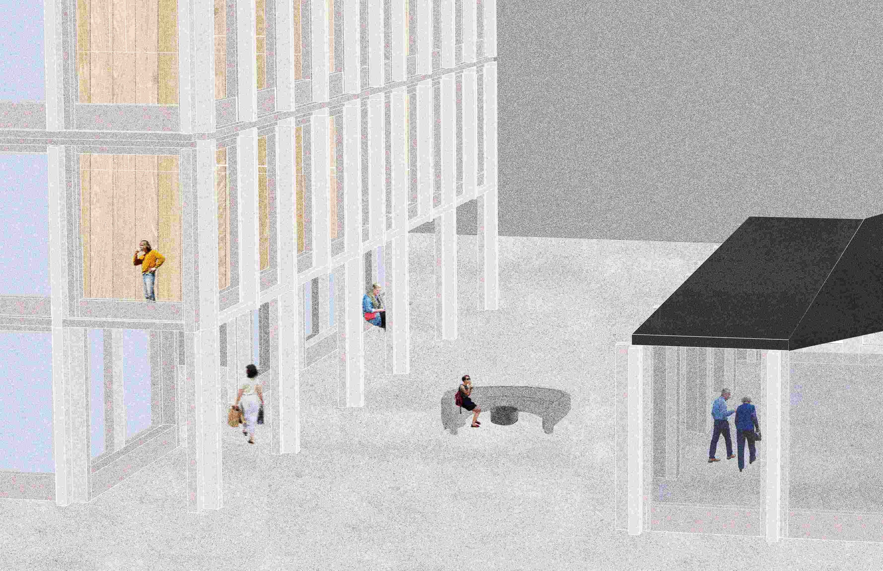 Perspective of courtyard showing social housing and art venue