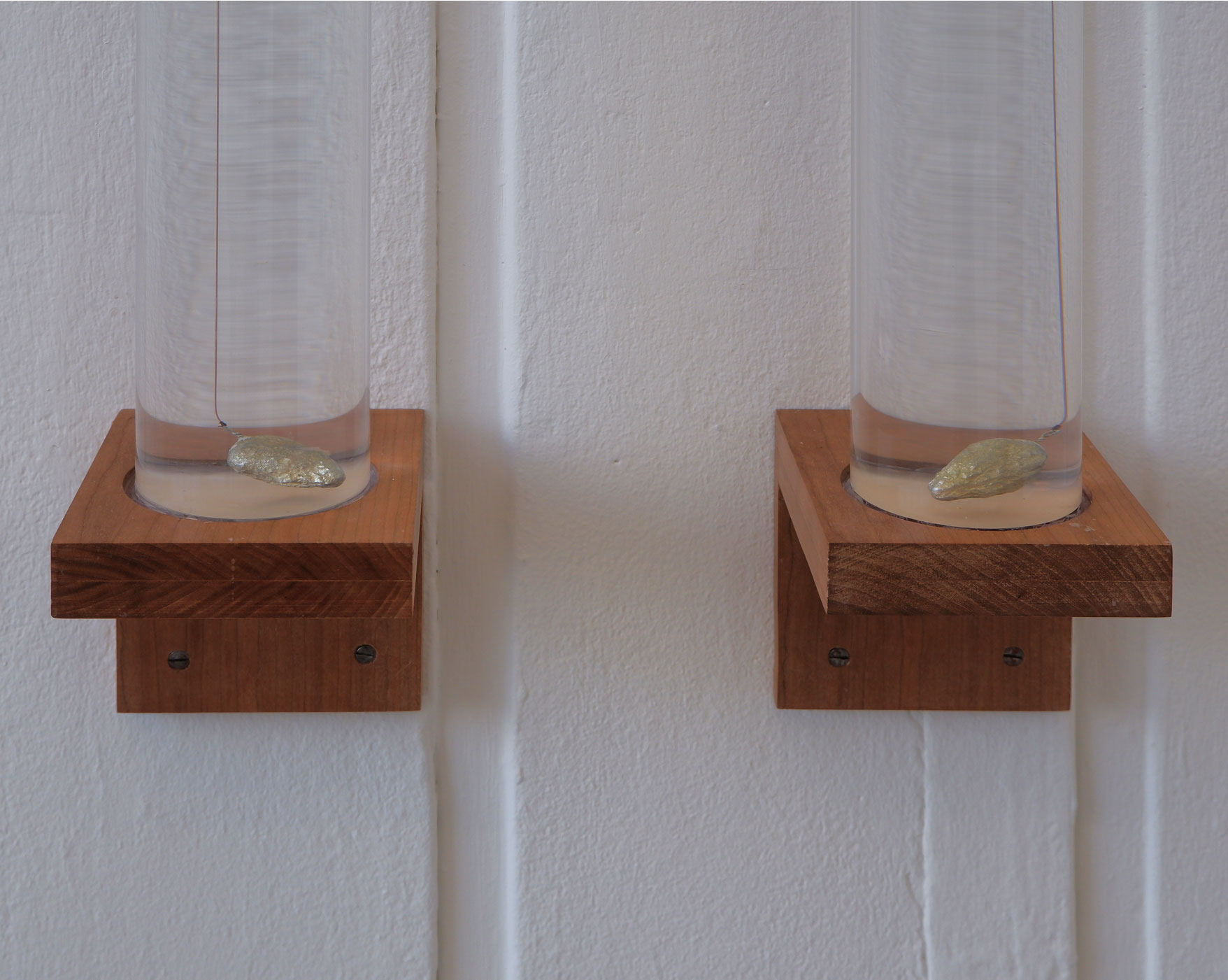 Detail image of two clear acrylic tubes mounted on a white wall on a wooden shelf. Each tube contains water in which is one pewter cast attached to red fishing line