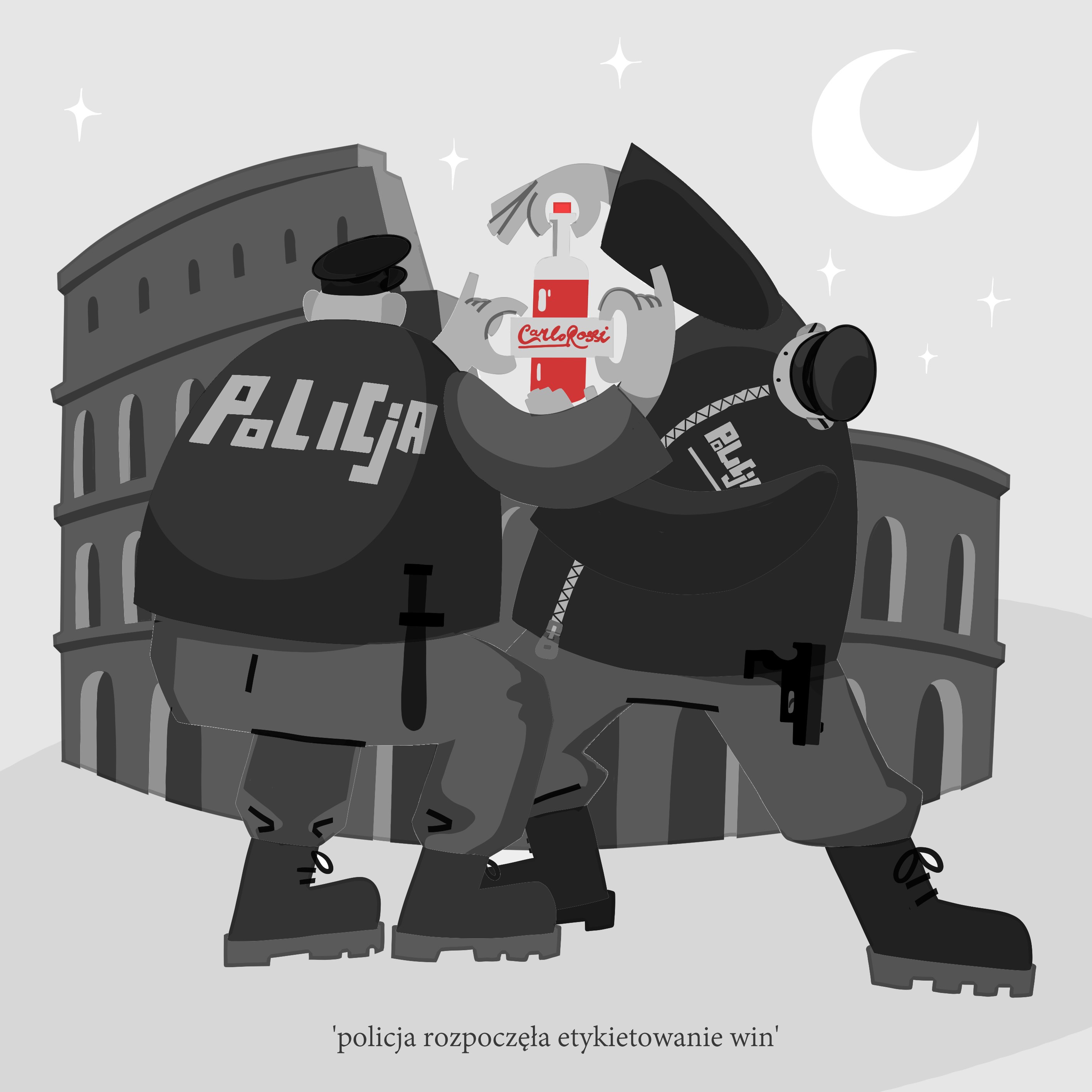 A grayscale image with a single red highlight, depicting two characters dressed in police attire, one holding a bottle of red wine, the other putting a label on it. They are standing in front of a colosseum. A moon and starts can be seen in the sky behind them.