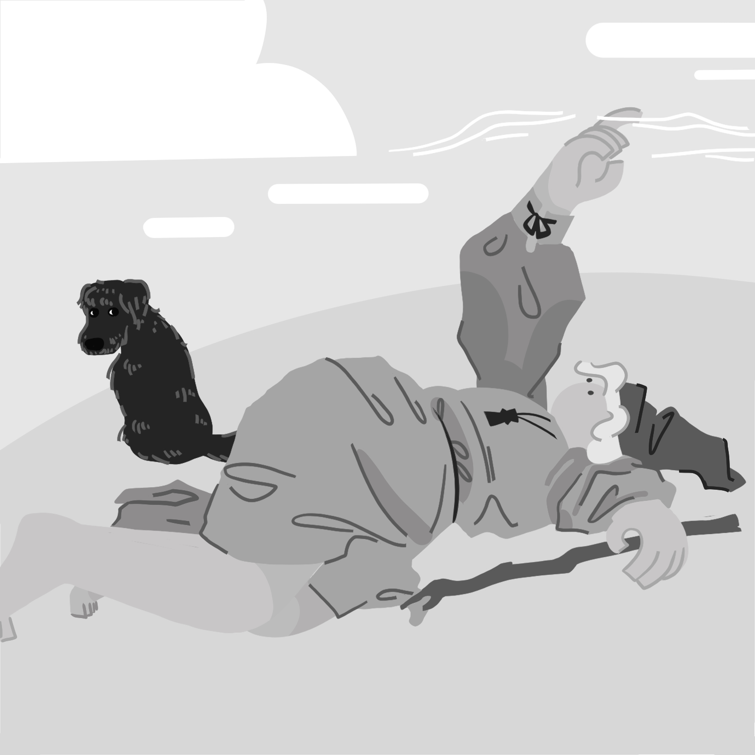 A greyscale image showing a woman laying on the ground with her hand outstretched, reaching up towards gossamer floating through the air. She is wearing a dress and resting her free hand over a wooden staff. There is a black dog sitting behind her.