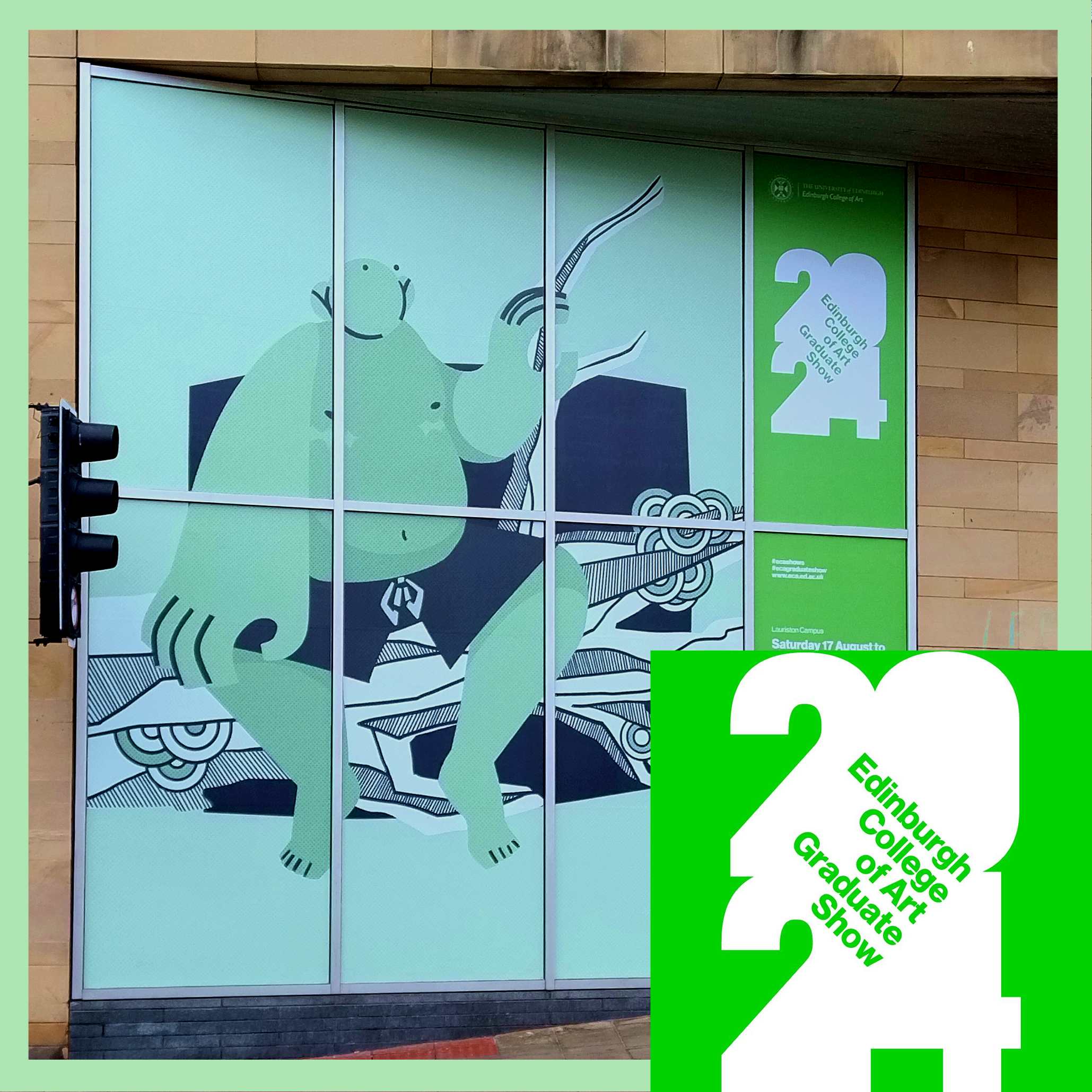 The same green monochrome image with the text removed. This image is an outdoor photo of a large 8-pane window. The illustration has been pasted over it, along with a banner advertising the 2024 ECA Graduate Show.