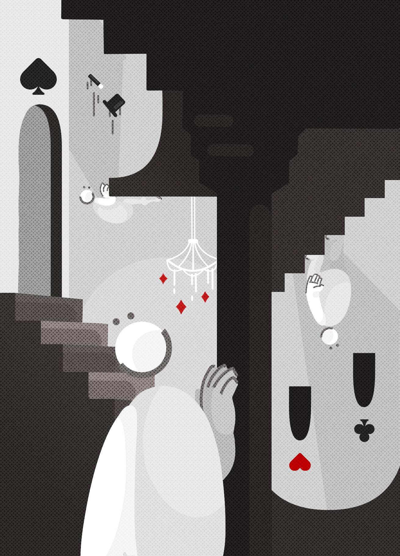 Stylized illustration showing a character looking at an environemnt inspired by the works of M. C. Escher. There are two staircases visible in the picture - one right side up, the other upside down. A different character can be seen walking upside down on the stairs. There are red and black card suit symbols visible throughout the image.