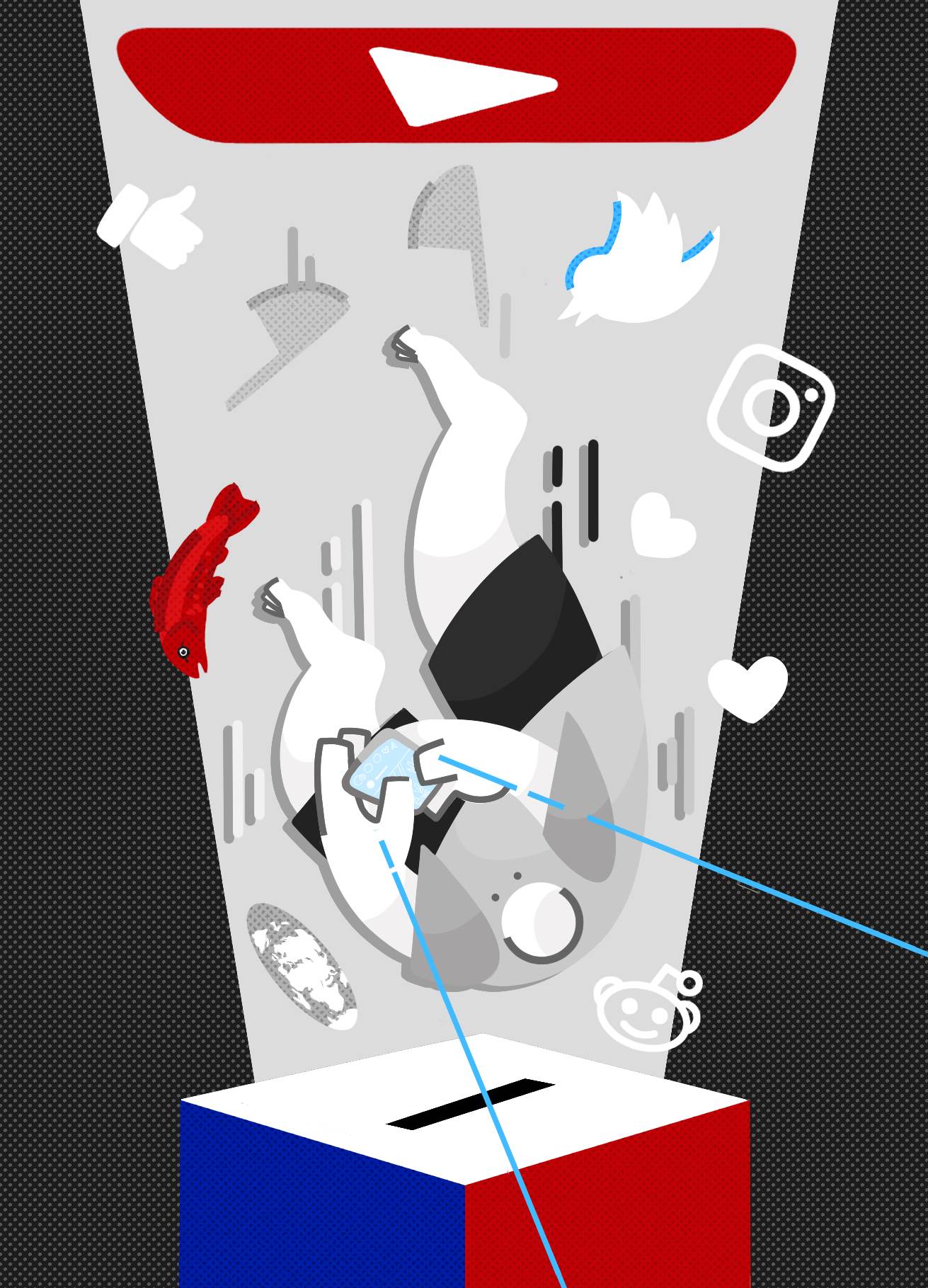 A stylized illustration showing a character falling upside down through the air. They are holding a smartphone and looking at the screen. At the top of the page is a large, looming image of the YouTube logo. At the bottom, a red and blue ballot box. Around the character are scattered icons - a Facebook like button, a heart, the Instagram logo, the Twitter logo, the Reddit logo, a flat Earth, and a red herring.