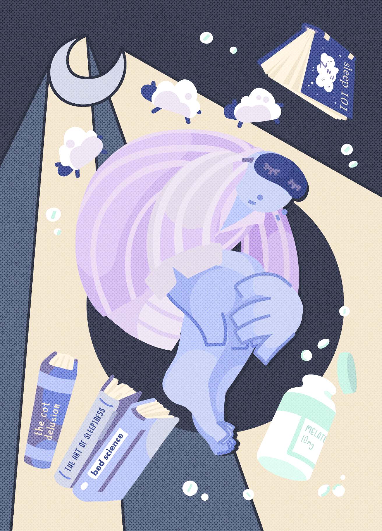 A stylized illustration showing a person in the fetal position. They are wearing a striped pyjamas set with a sleeping mask slipped onto their forehead. They have visible bags under their eyes. Around them can be seen: a crescent moon, sheep, a bottle of melatonin pills and several books with titles alluding to sleeping better.