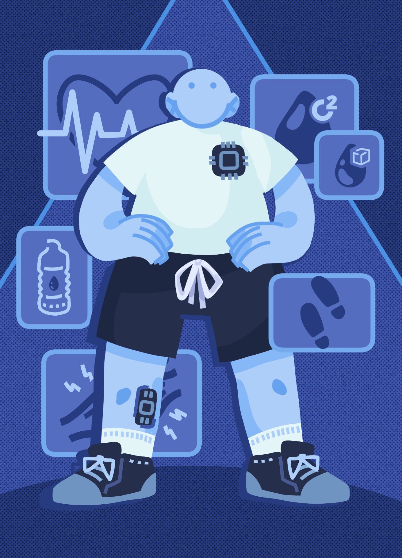 A stylized illustration of a character in a t-shirt and short standing upright with hands on their hips. They are wearing several different wearables. In the background and foreground can be seen several pop-ups depicting icons related to the information gathered by the wearables - a droplet of blood with the "O2" symbol in the corner, a droplet of blood with a sugar cube in the corner, a heart with a cardiogram overlayed on it, a bottle of water, footprints, and a simplified icon of a musle tissue.