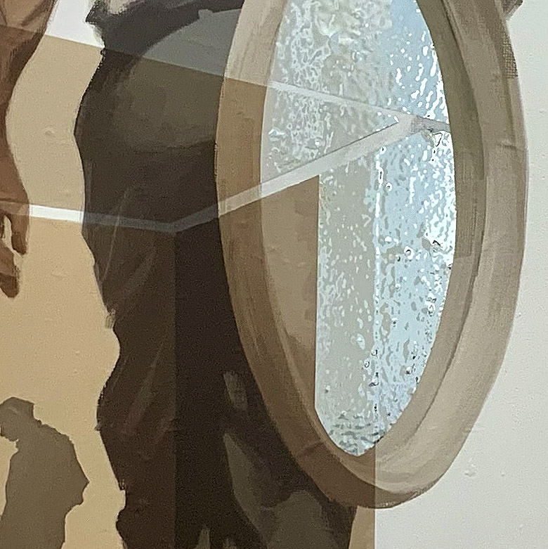Detail of the work exhibited on the wall. The mirror the man carries is layered with mirror film.