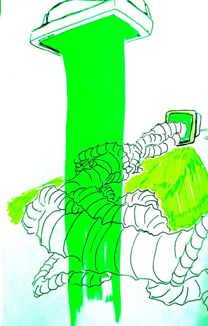 Drawing of tube shaping growing out of a computer monitor, striped with bright green light.