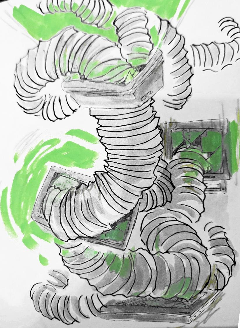 Pen and ink drawing of tubes burrowing through broken monitors, in black, white and green.