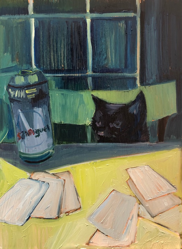 Jerry, oil painting on board of a cat playing cards with a beer