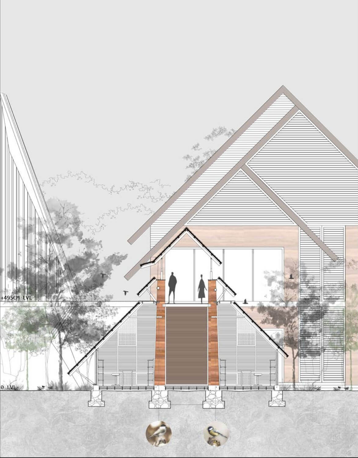 Section through elevated rammed earth walls