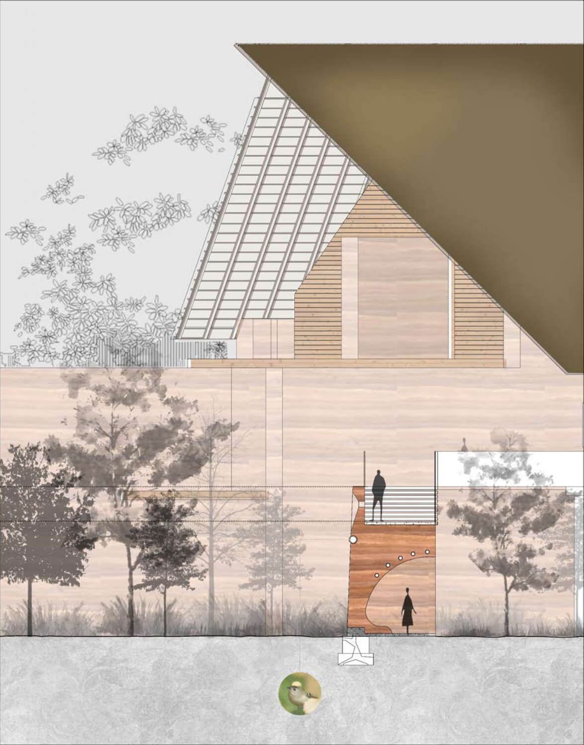Section through elevated rammed earth wall