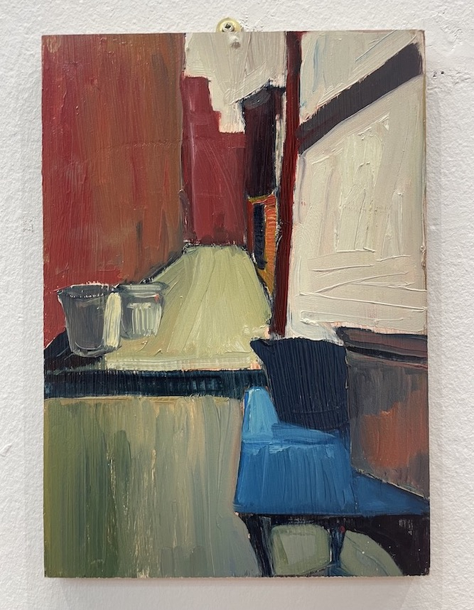 Backyard, oil painting on board of a backyard with a blue table