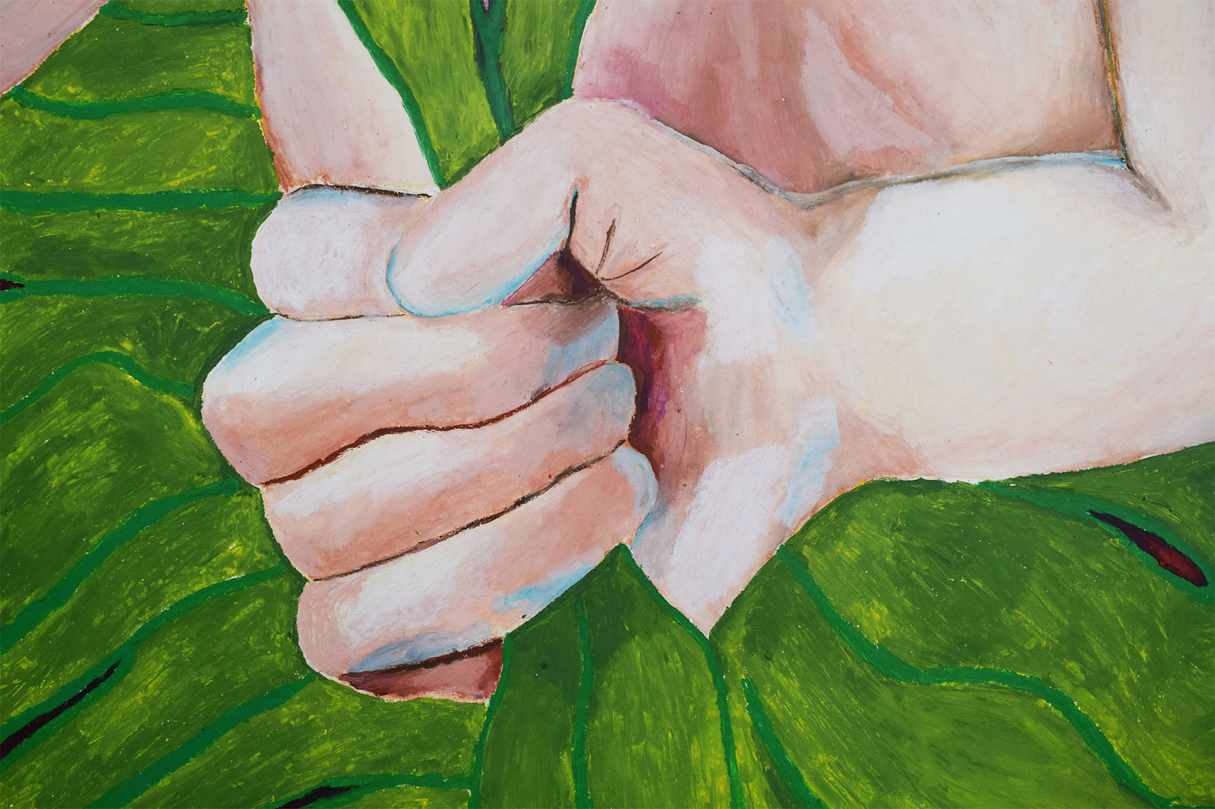 image is a close up of the drawing 'Too many pipes', a big hand is clutching an intestinal green pipe in half. 