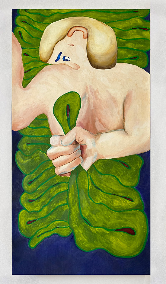 Image is of big portrait drawing of a cartoon-like figure holding a green hose pipe squished in his hand on a background of blue. 