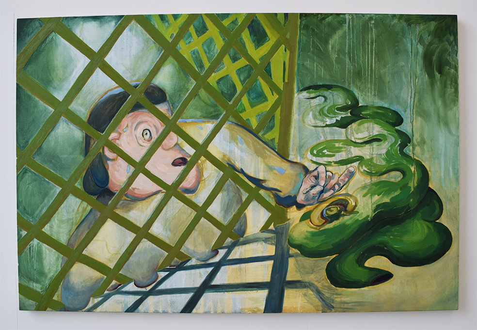 image of 'Scrumping' painting, figure reaching through green lattice fence to pinch an ear that's attached to a hose pipe.