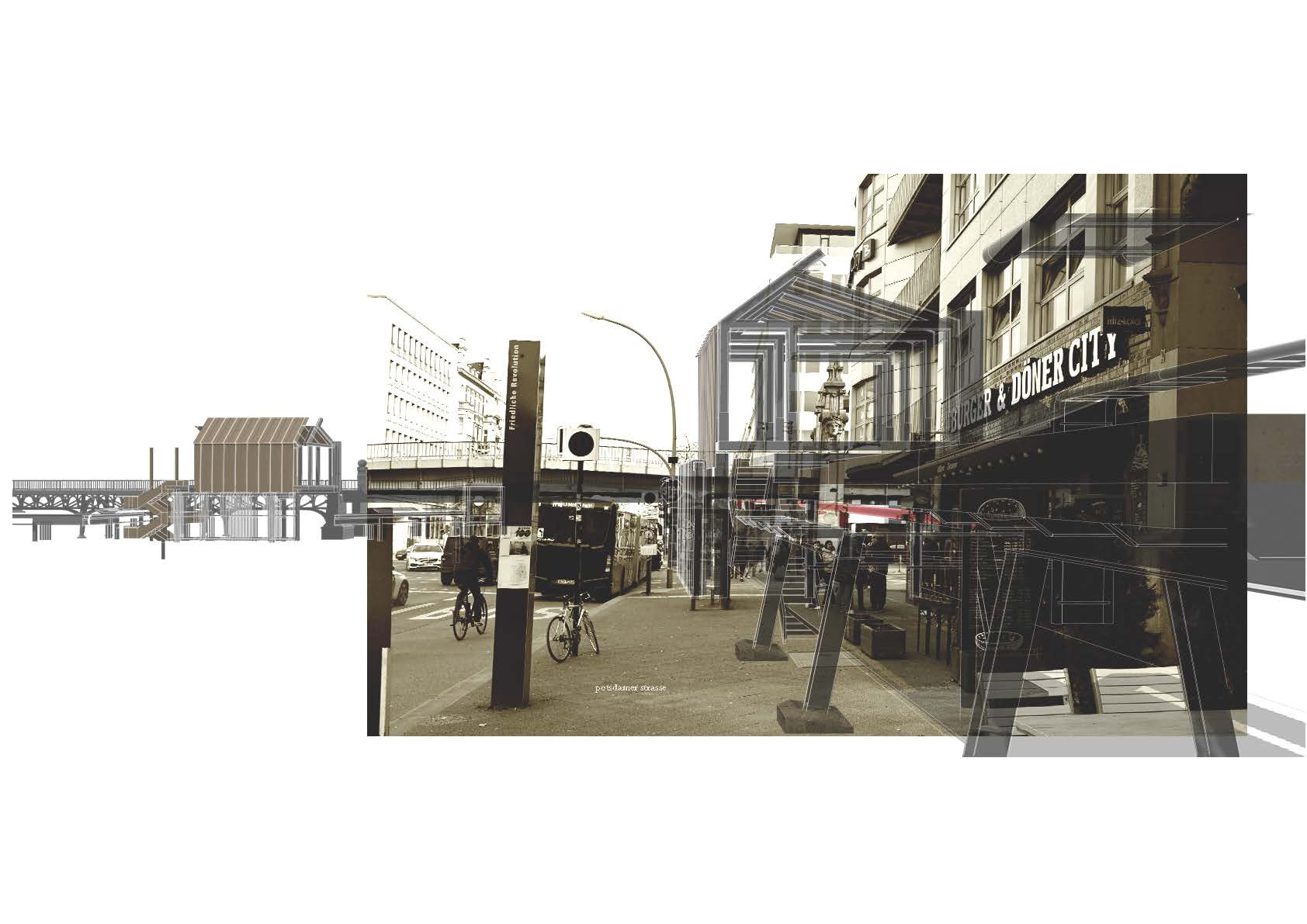 Components of the craft: elevated street gardens and music studios poised over the Potsdammer Strasse sidewalk.
