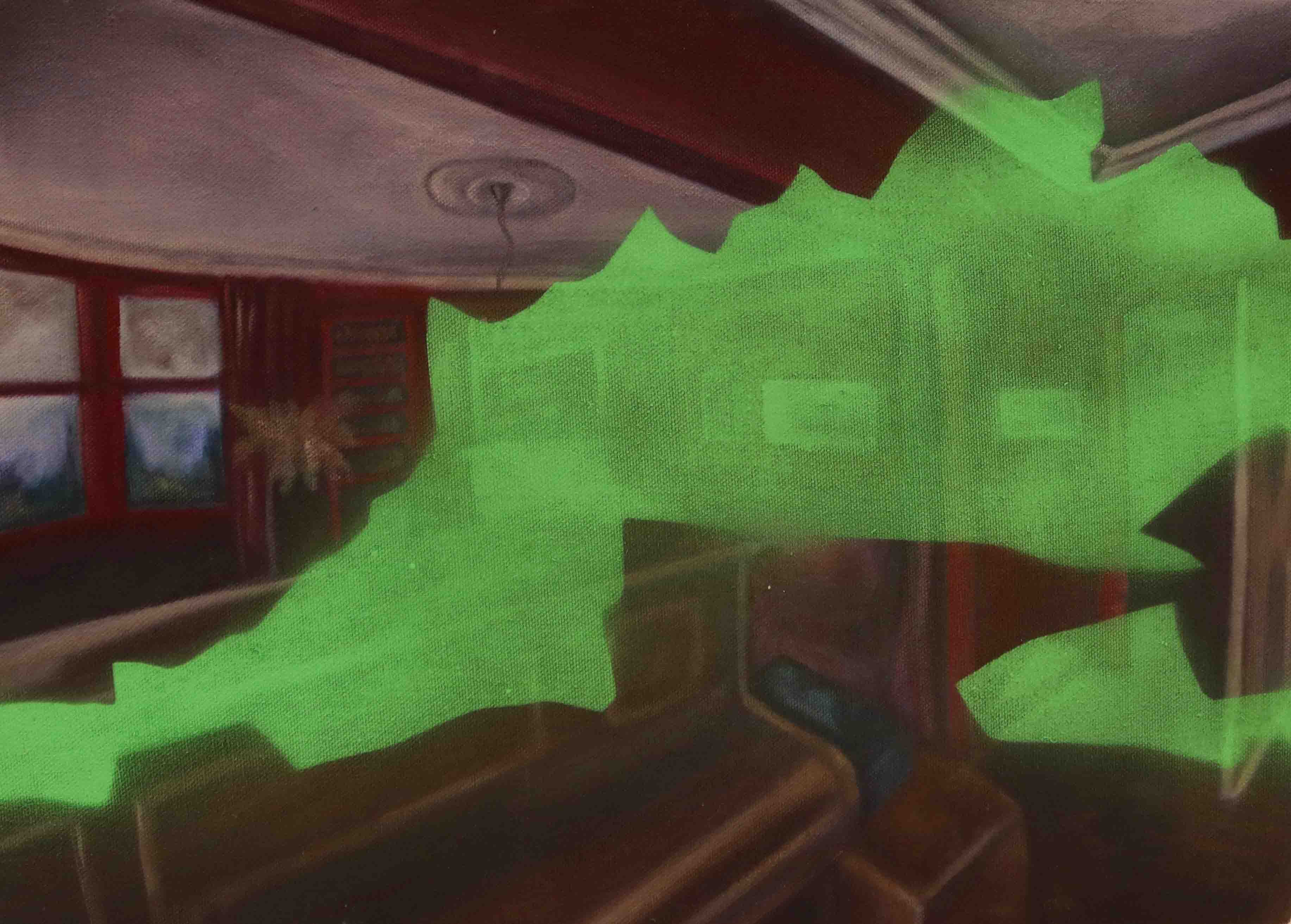 Lounge area with green shape travelling through it