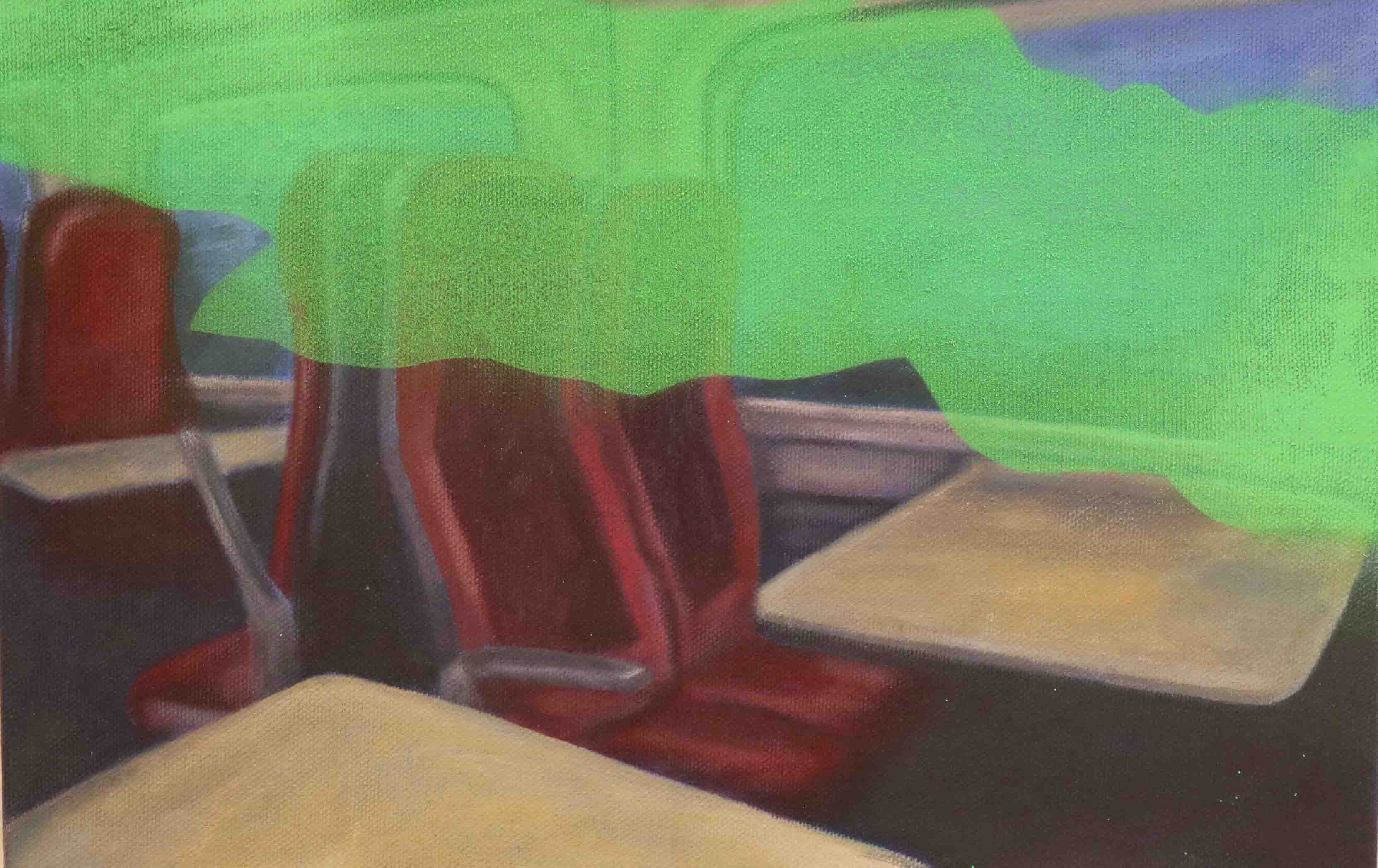 Painting of train carriage with green shape moving through