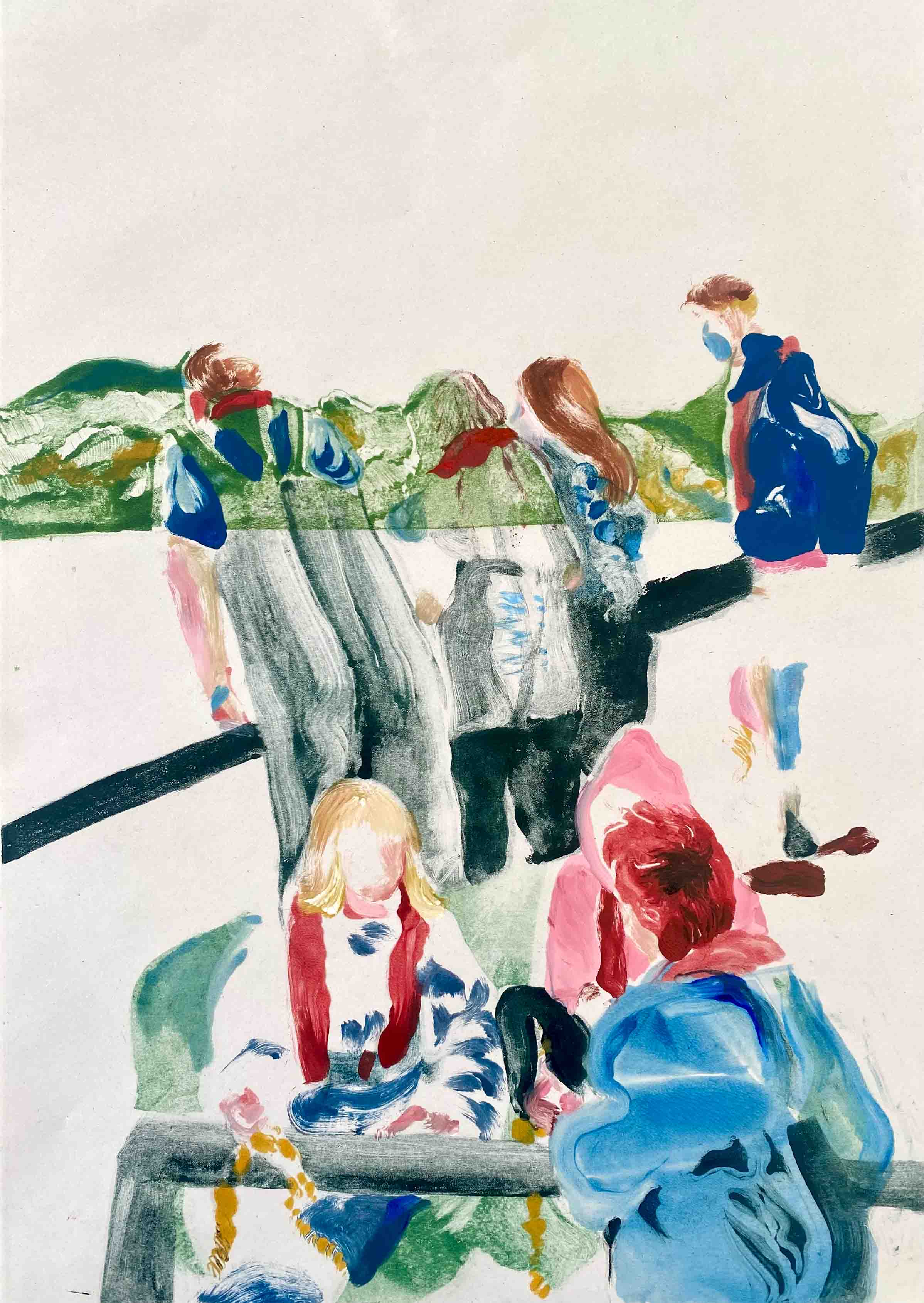 Multi-colour monotype print of a group of people on deck, looking out to sea