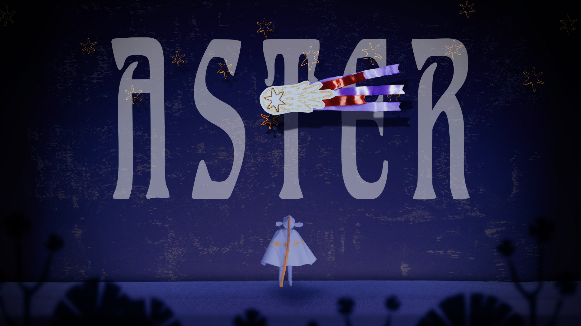 A stop-motion puppet in a white cloak looks up at a dark blue night sky. Above it is the word ASTER. A shooting star streaks across the frame.