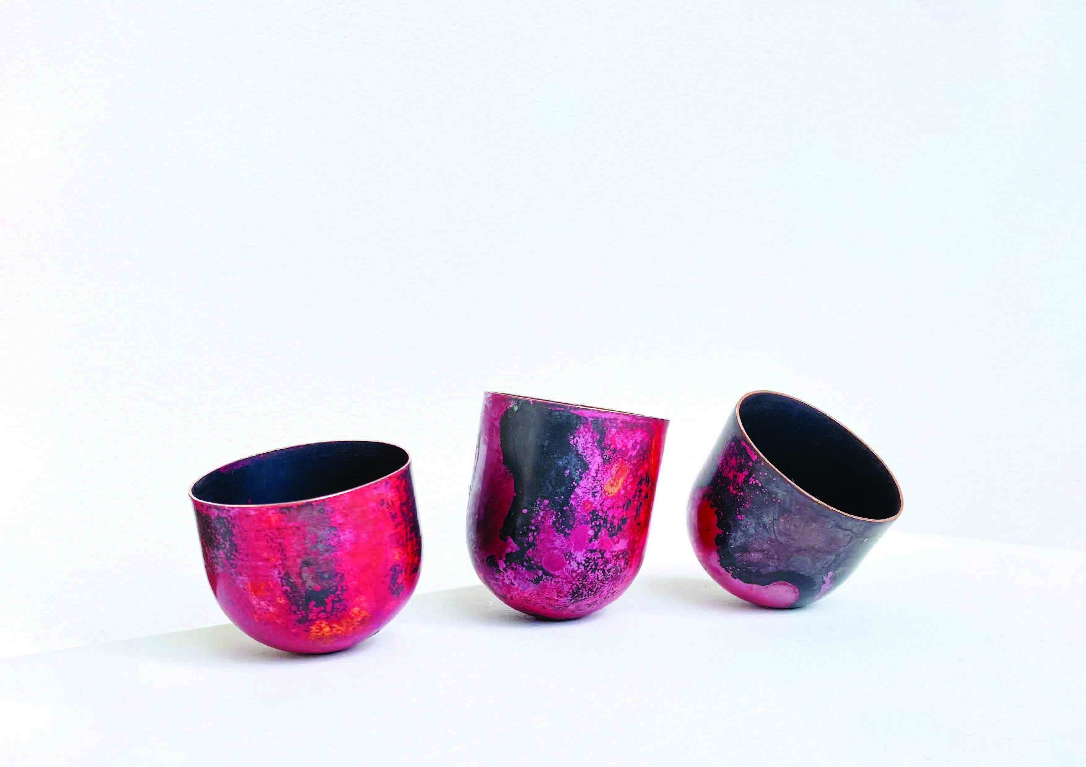 Trio of Copper Vessels Flame Patinated 6.5x6cm , 6.5x7cm, 6.5x6.2cm