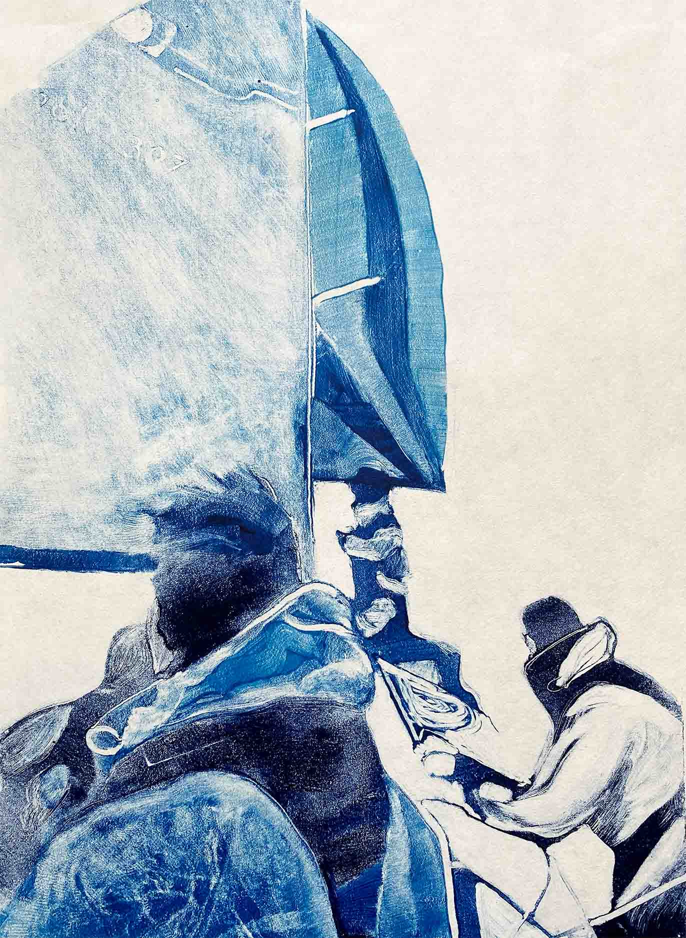 Blue monotype print of a group of young people sailing downwind. 