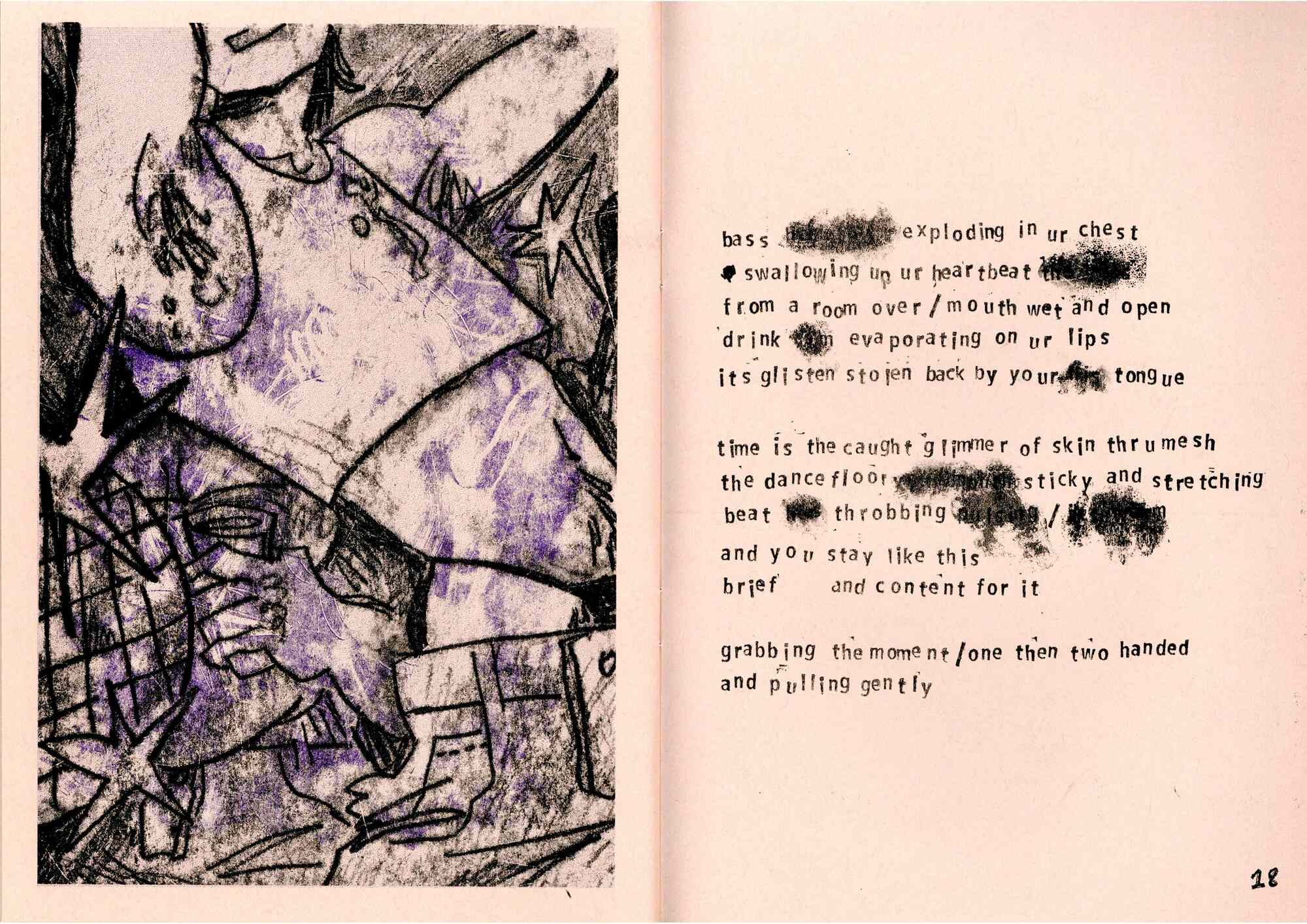 The left page shows a black monoprinted dancing figure with the face cropped out, and a murky nightclub scene behind them. They have their arms raised and are sweating and smiling. The right page shows a letter-stamped poem, with some of the words smudged out.