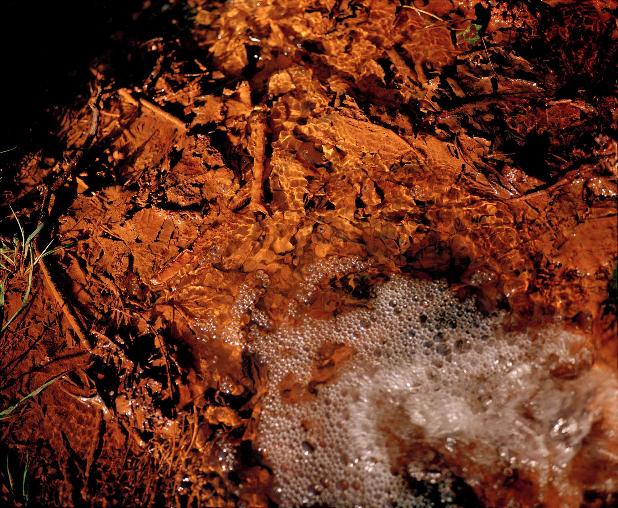 Iron oxide coated riverbank near an adit 