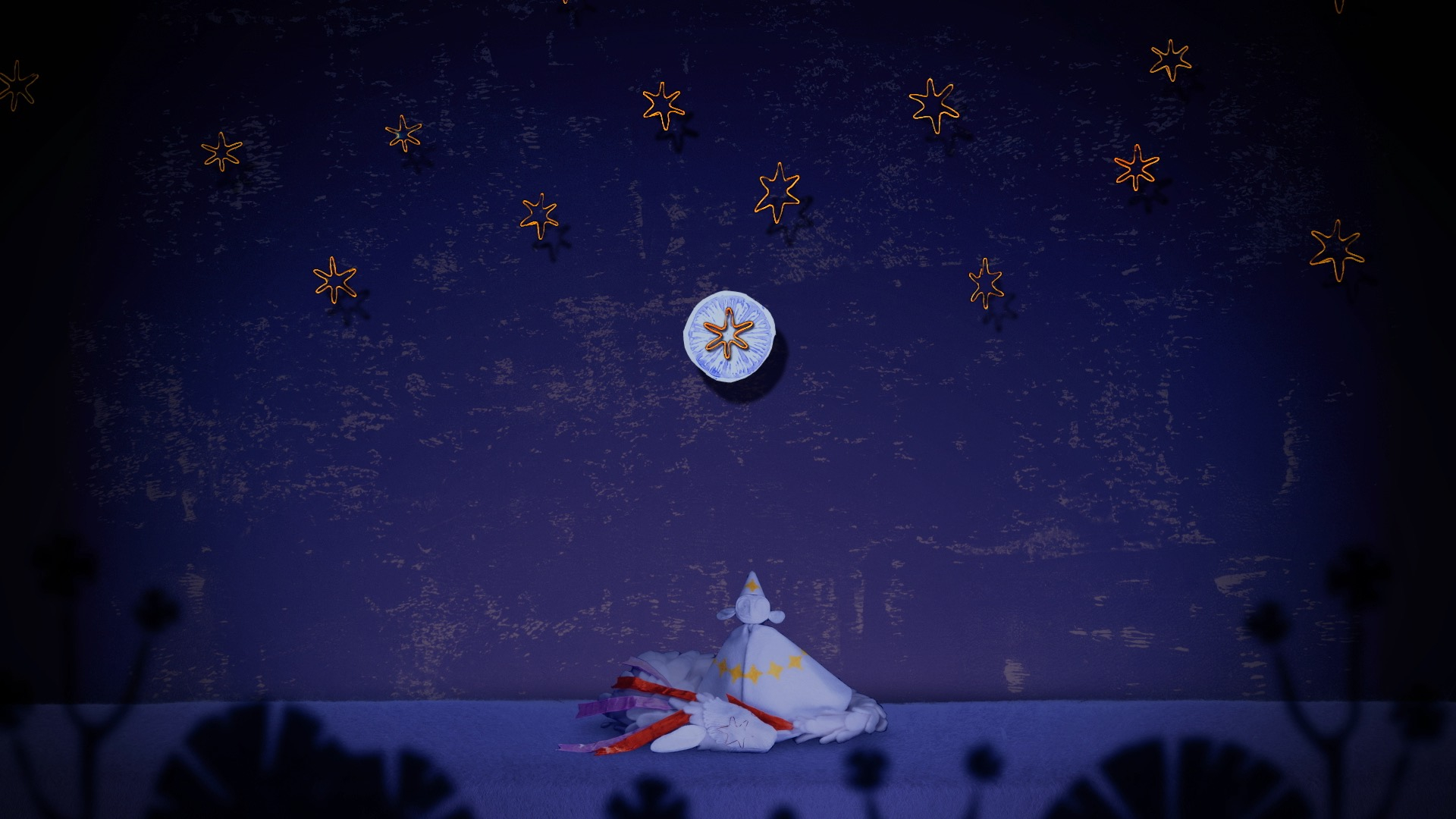 A dragon and an elf character sit on the ground, above them is a deep blue night sky full of golden wire stars