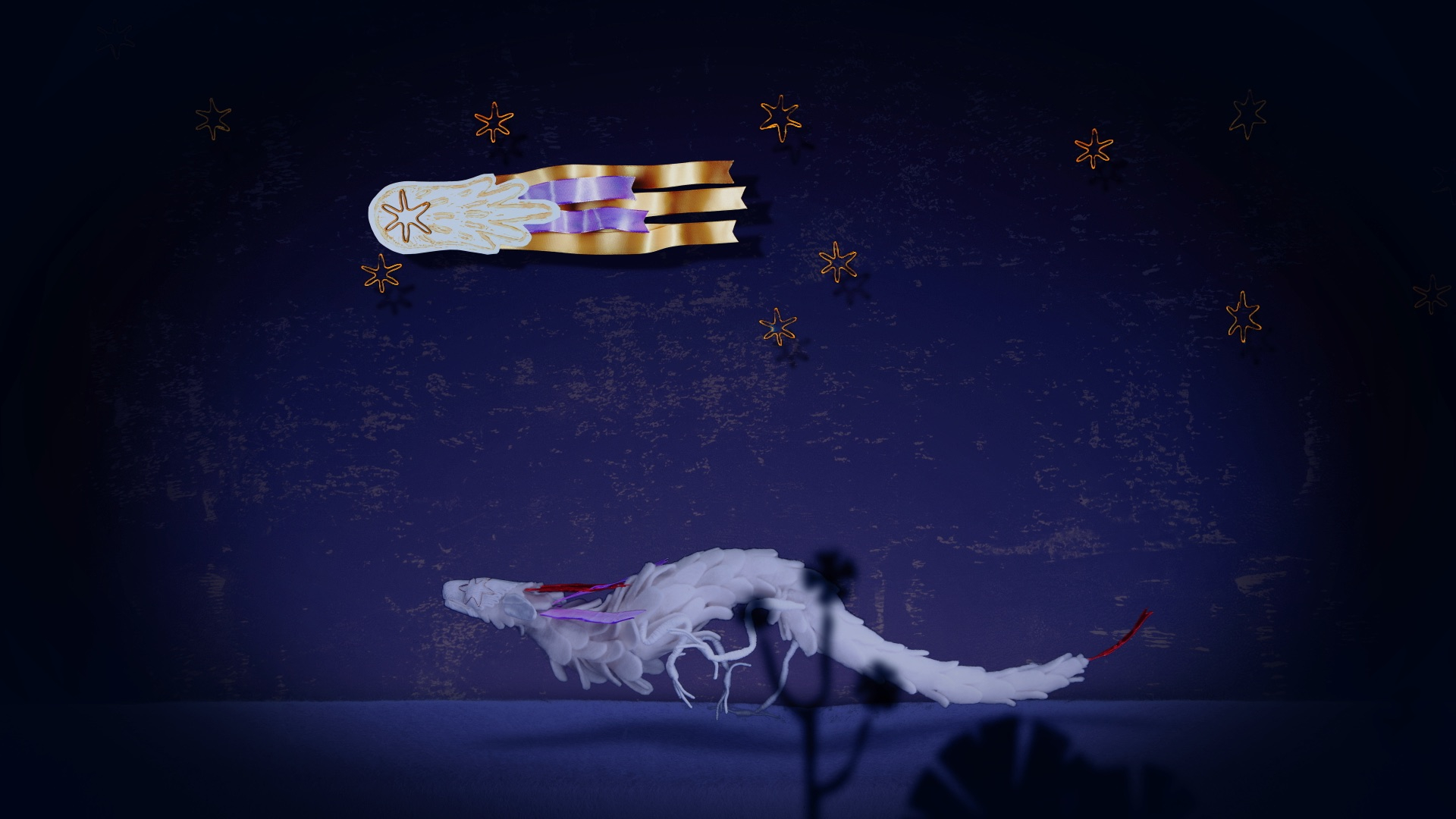 A white dragon runs after a shooting star