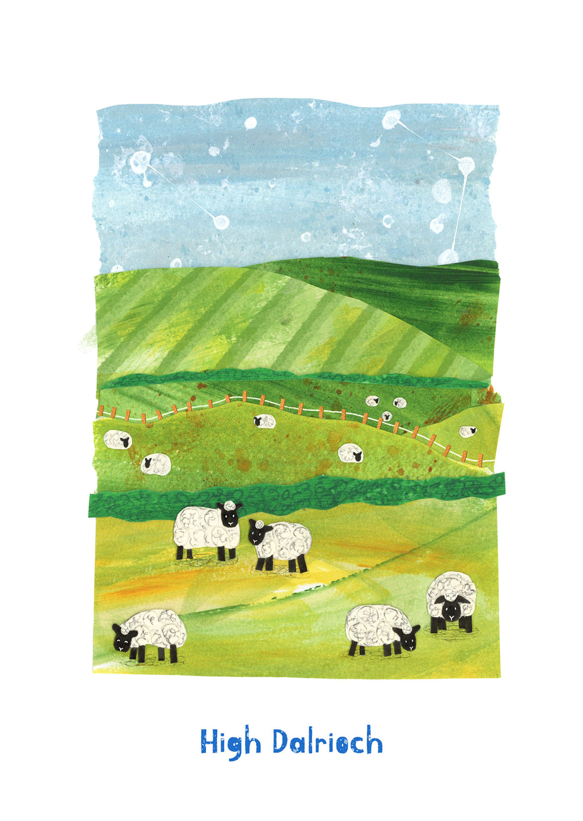 paper collage of sheep on a hill