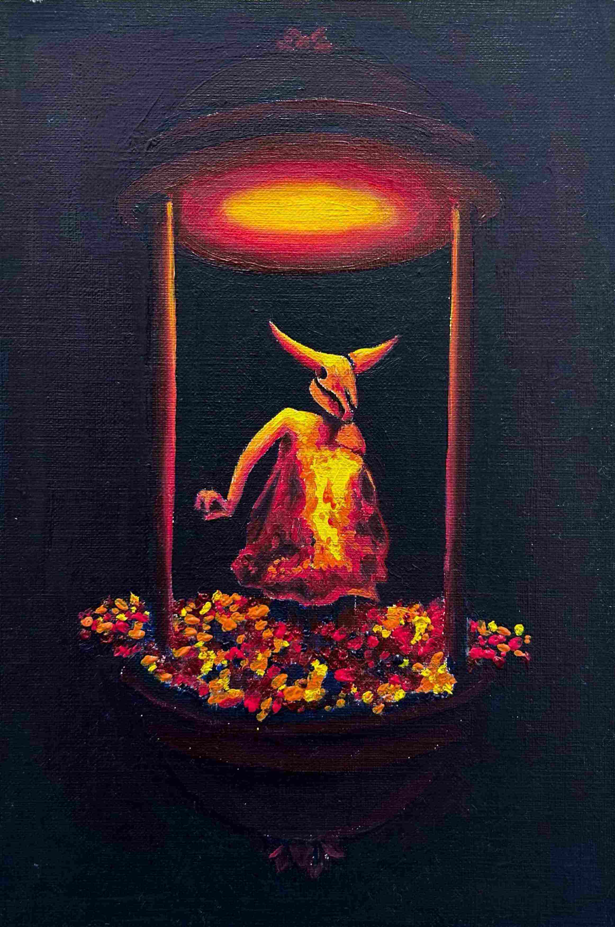 A glowing figure illuminated by the spotlight
