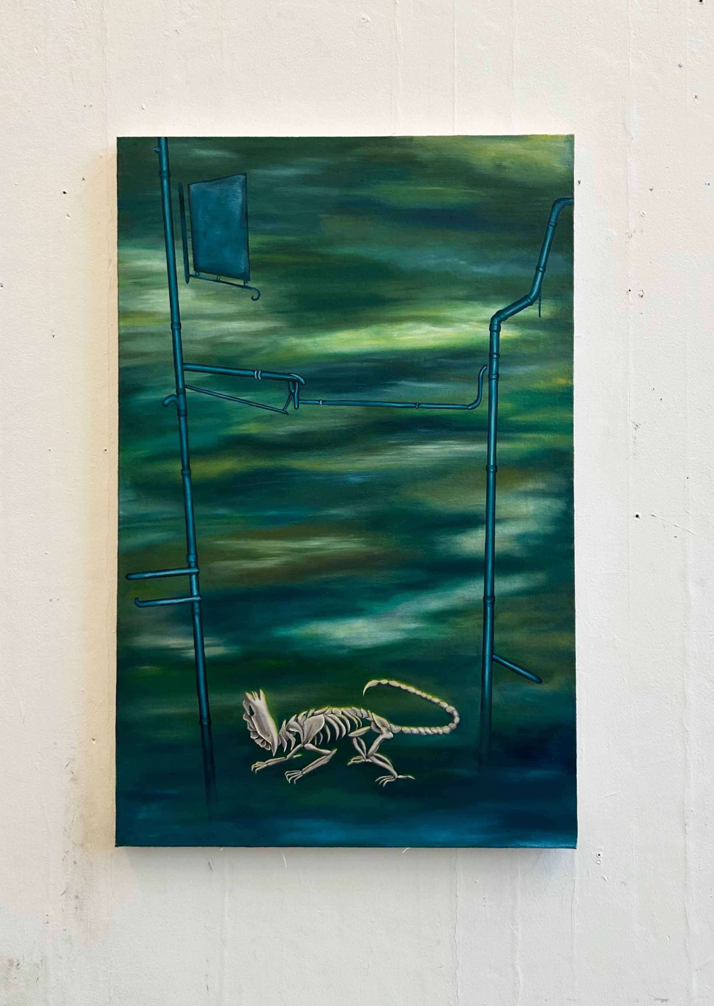 A skeletal creature resembling a lizard wanders in a green dream dimension with pipes 