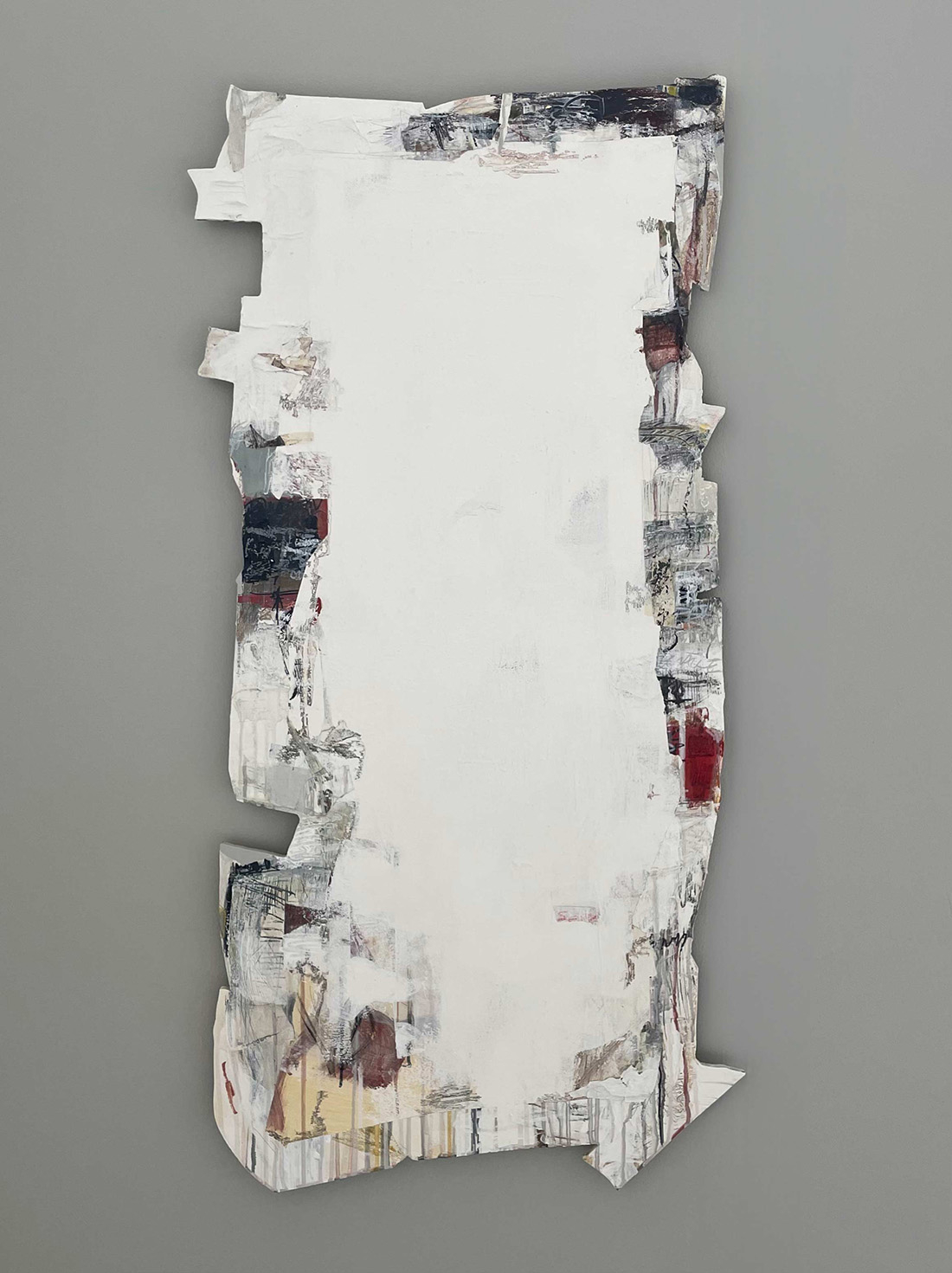 geometric rectangular painting with a white painted centre created by extracting a long shape masked out with tape. The edges of the painting are covered with abstract painterly marks inspired by graffiti and urban decay