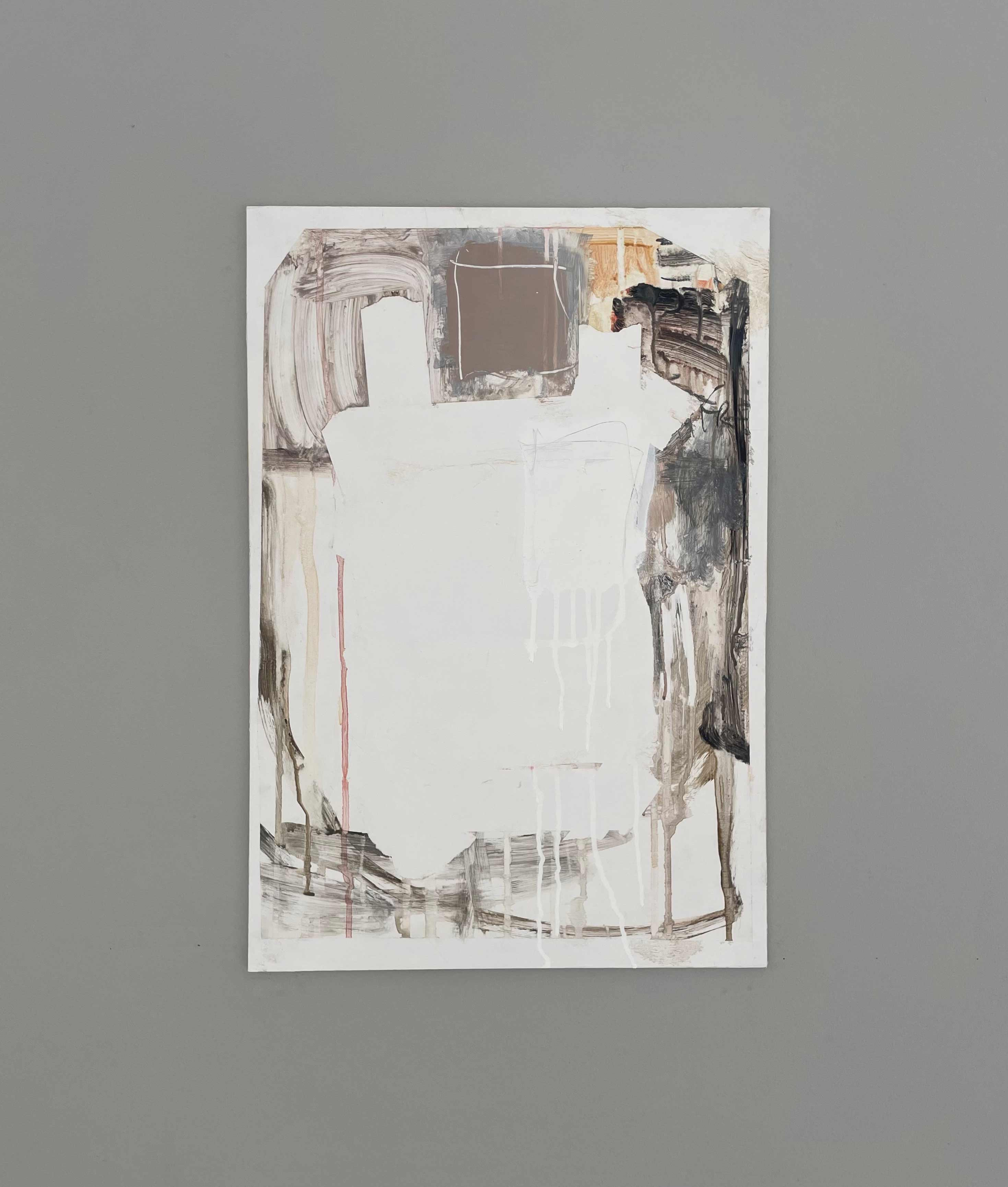 small rectangular painting created by extracting a masked out section in the centre. The centre of the painting is a geometric white void, and the edges are painterly and drippy expressive marks 
