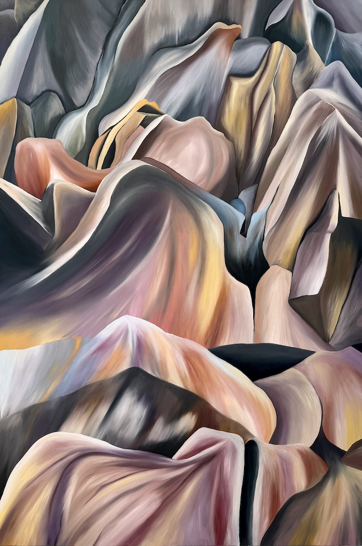 Rocks on Widemouth Bay. Oil on board, 2024. 180 x 120 cm.