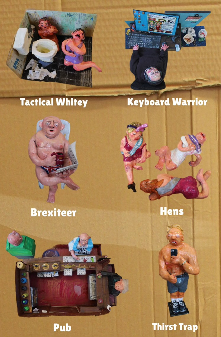 Image showing work and titles of featured artwork. Tactical Whitey, Keyboard Warrior, Brexiteer, Hens, pub and Thirst Trap