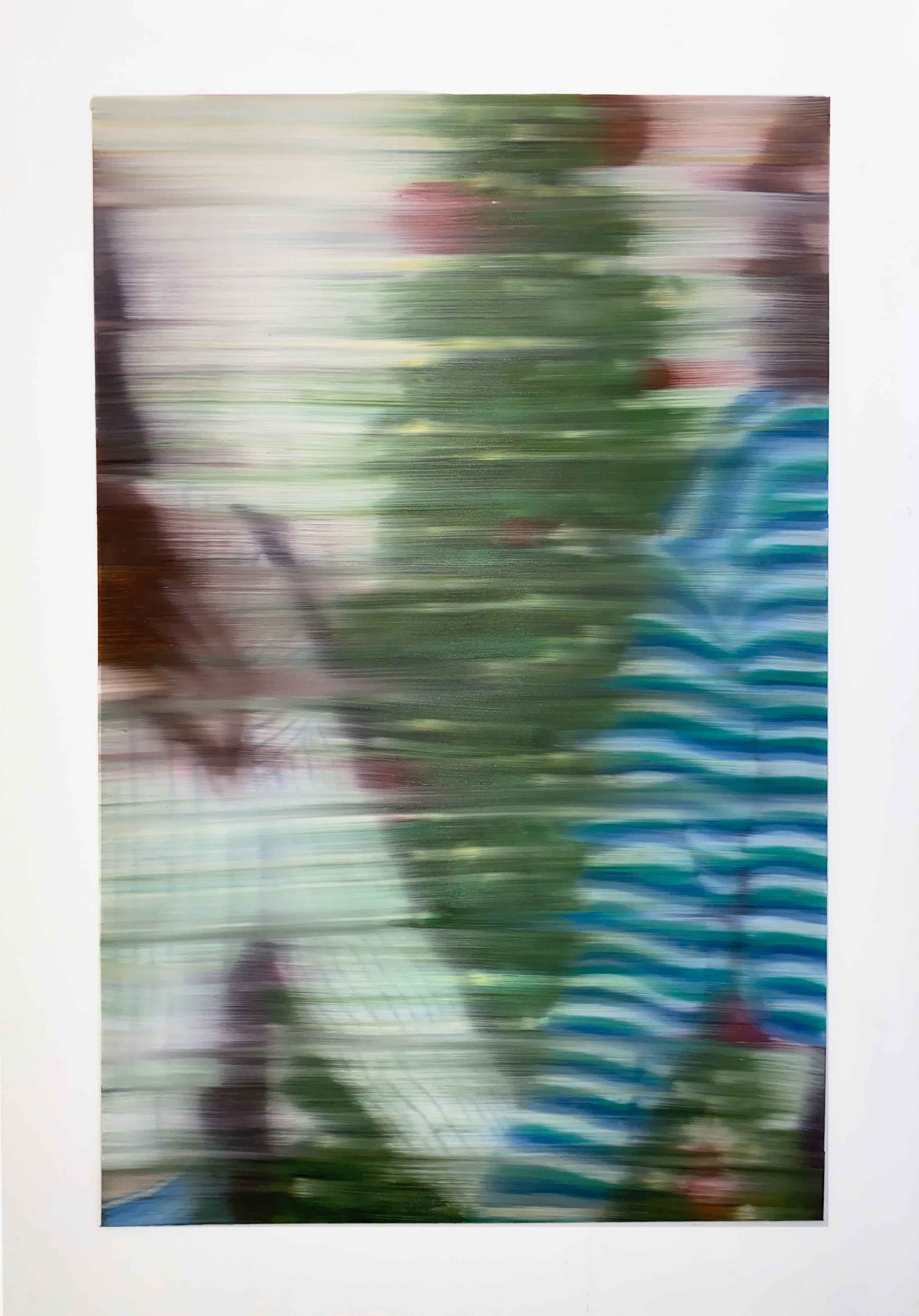 Blurry painting of two people holding hands in front of a christmas tree. 