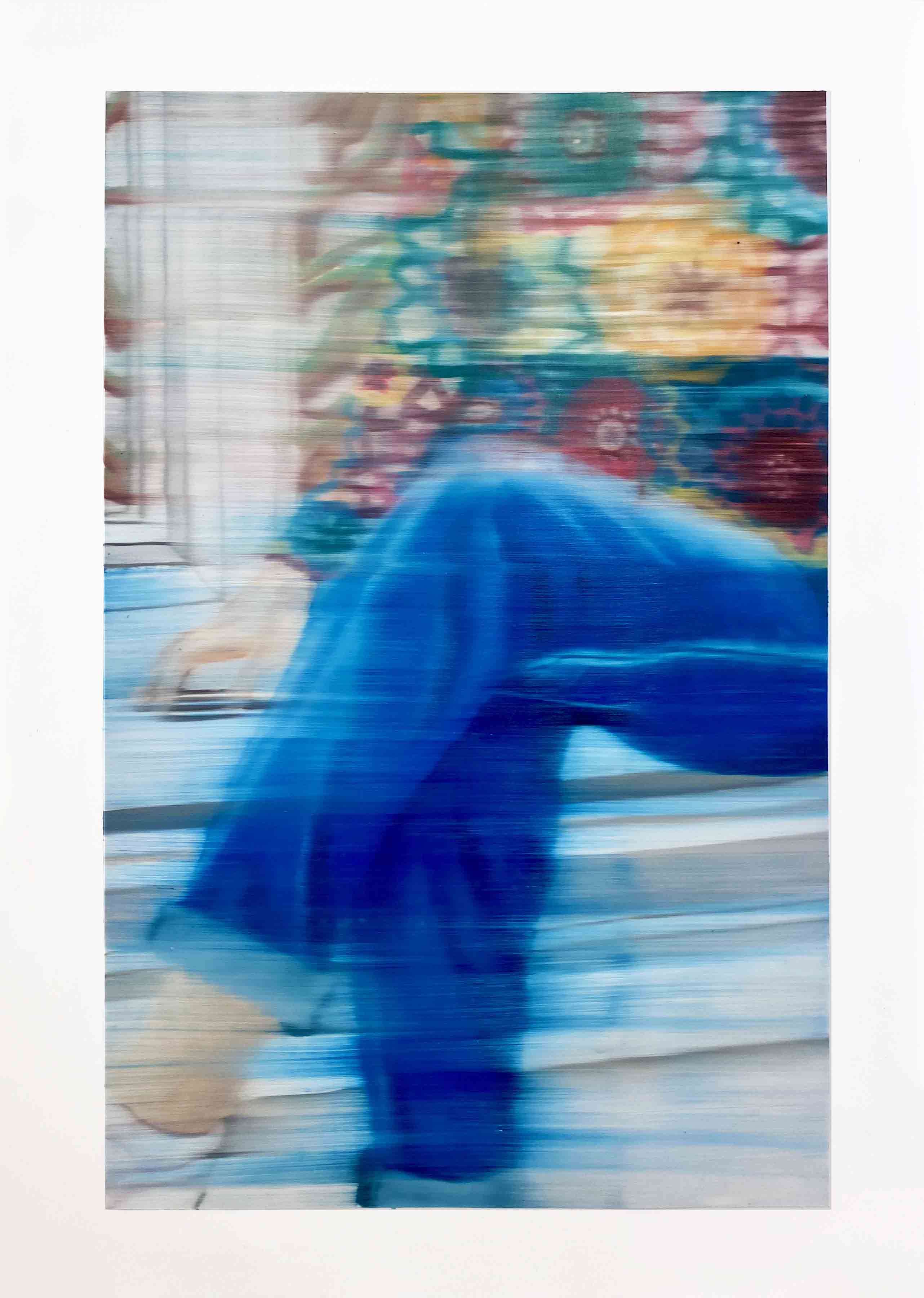Blurry painting of a woman sat on a windowsill 
