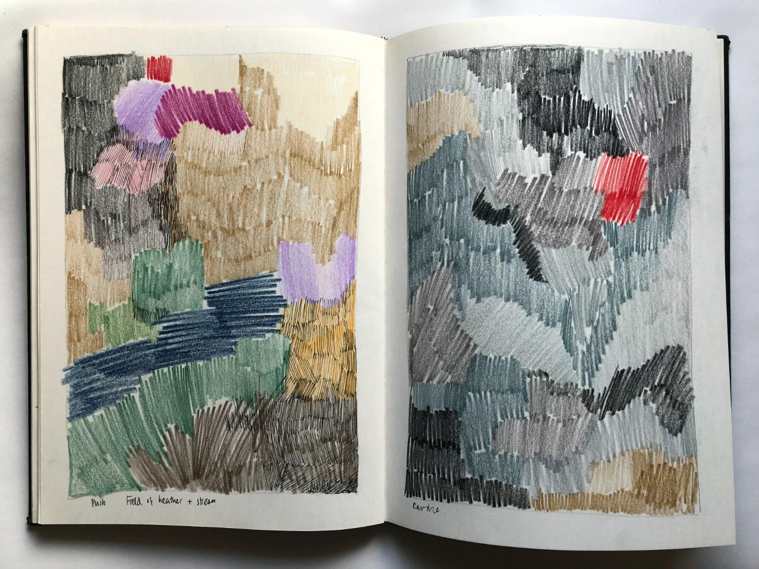 A4 sketchbook pages, coloured pencil and fineliner, 2024