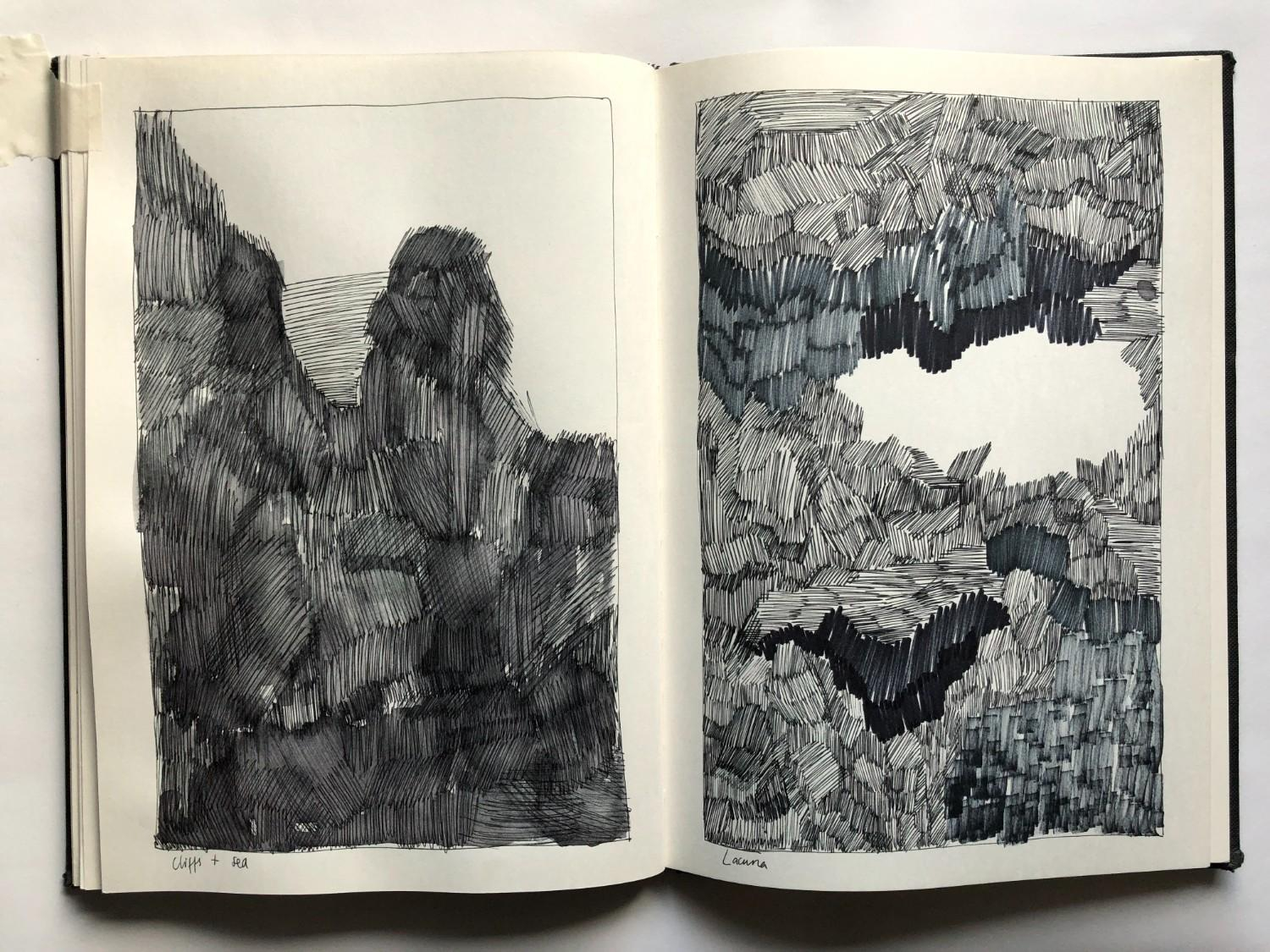 A4 sketchbook pages, fineliner and marker pen, 2024