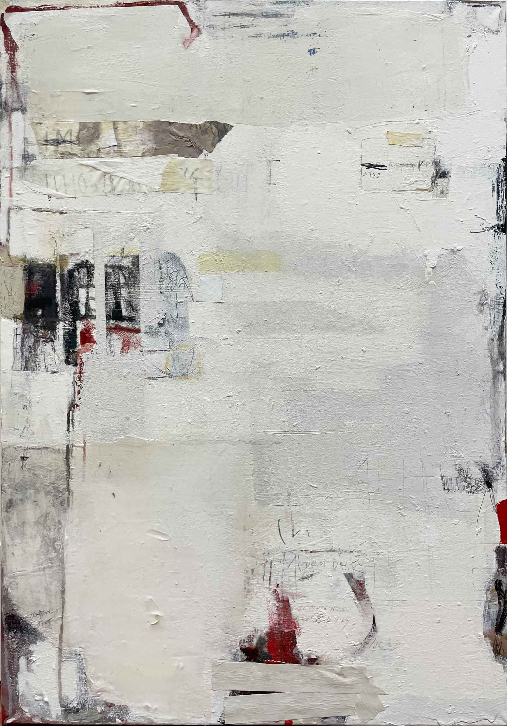 A rectangular canvas with abstract forms, made from a process of subtracting coloured paint with white tonal layering.